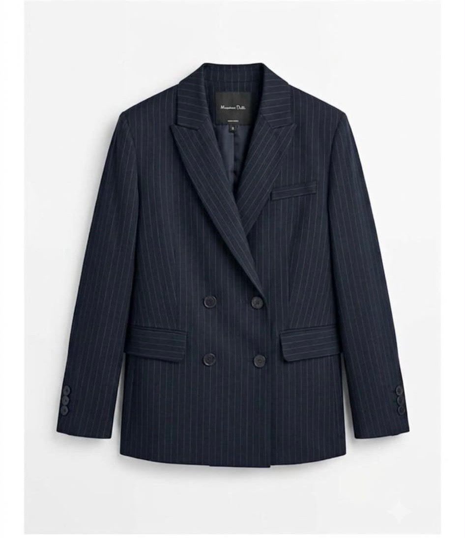 Lacivert Çizgili Kruvaze Blazer