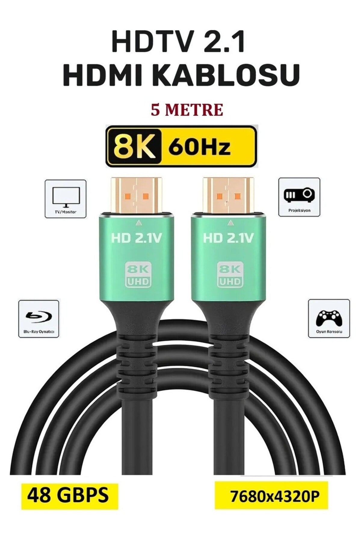 8K Ultra HD 2.1 HDMI Kablo - 48 Gbps Yüksek Hız, 8K@60Hz / 4K@120Hz, Dinamik HDR, eARC, PS5/Xbox Yeni Nesil Konsol Uyu