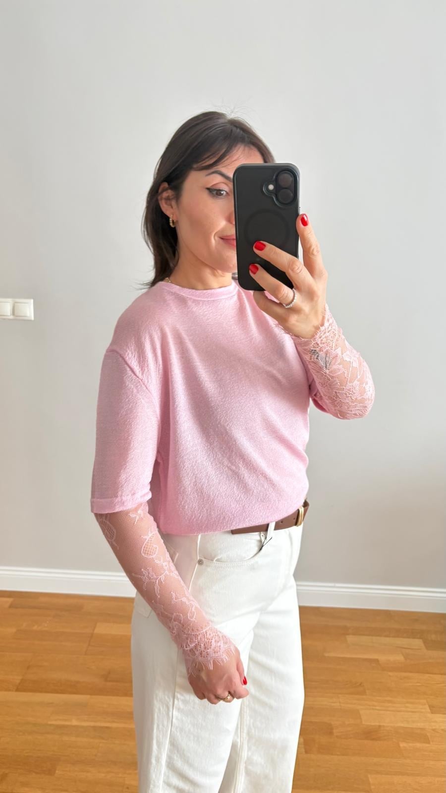 Dantel Kol Detaylı Basic Bluz Pembe