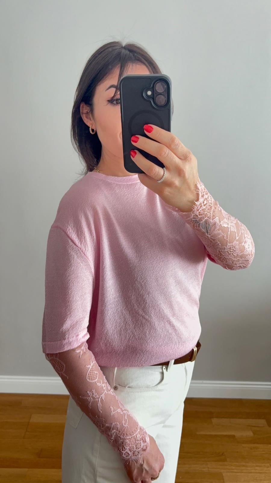 Dantel Kol Detaylı Basic Bluz Pembe
