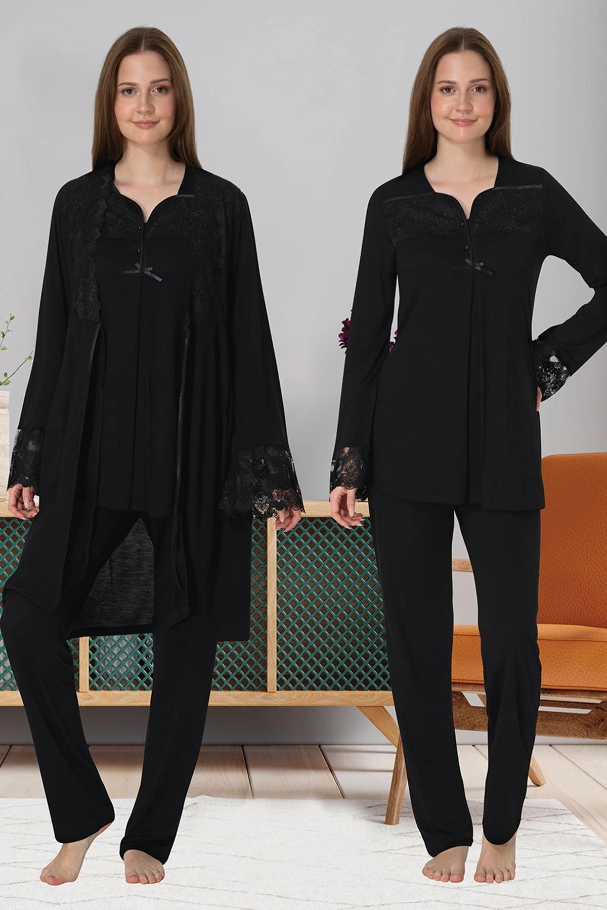 Effortt 4084 Dantelli Sabahlıklı Lohusa Pijama Takımı