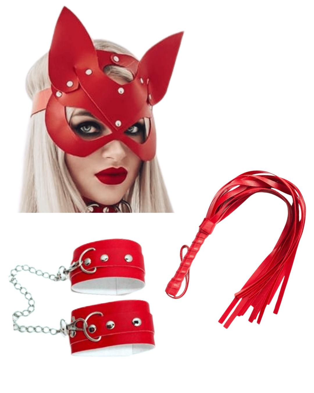Fantezi Deri Seksi Kırmızı Kedi Maske Kelepçe Kırbaç Seti ( 3'lü set) BC5367