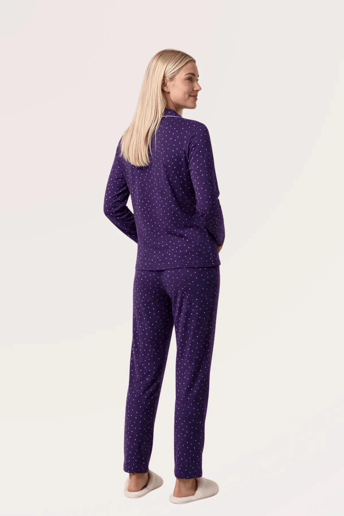 Pjs 30167 Kadın Uzun Kol Puantiyeli Düğmeli Pijama Takımı