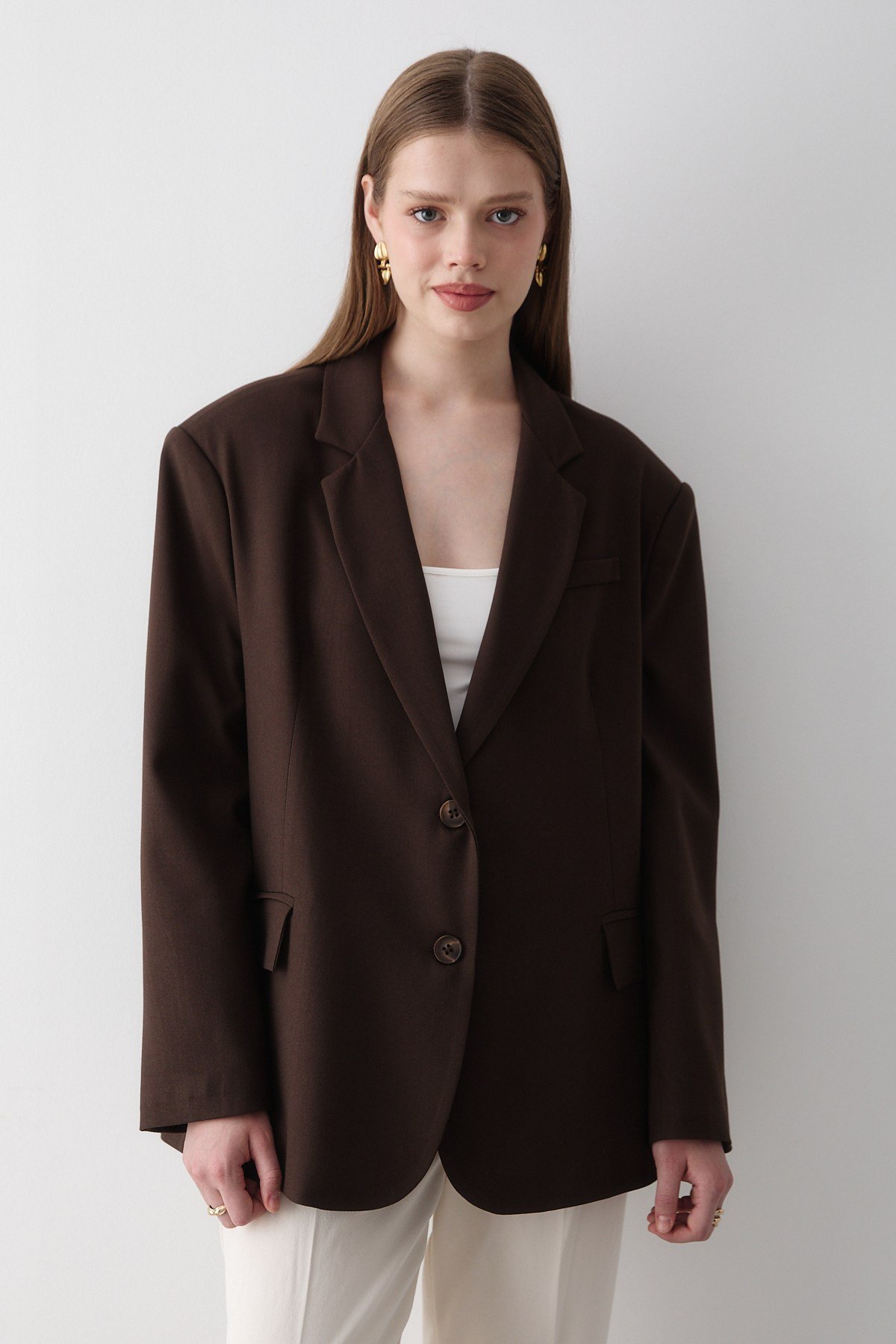Kadın Acı Kahve Düğme Detaylı Oversize Blazer Ceket