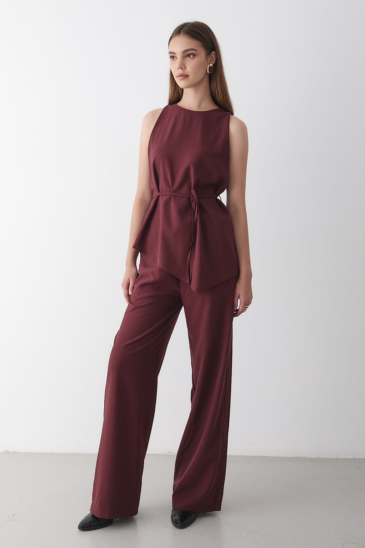 Kadın Bordo Bisiklet Yaka Kuşak Detaylı Bluz& Beli Lastikli Pantolon Alt&Üst Takım
