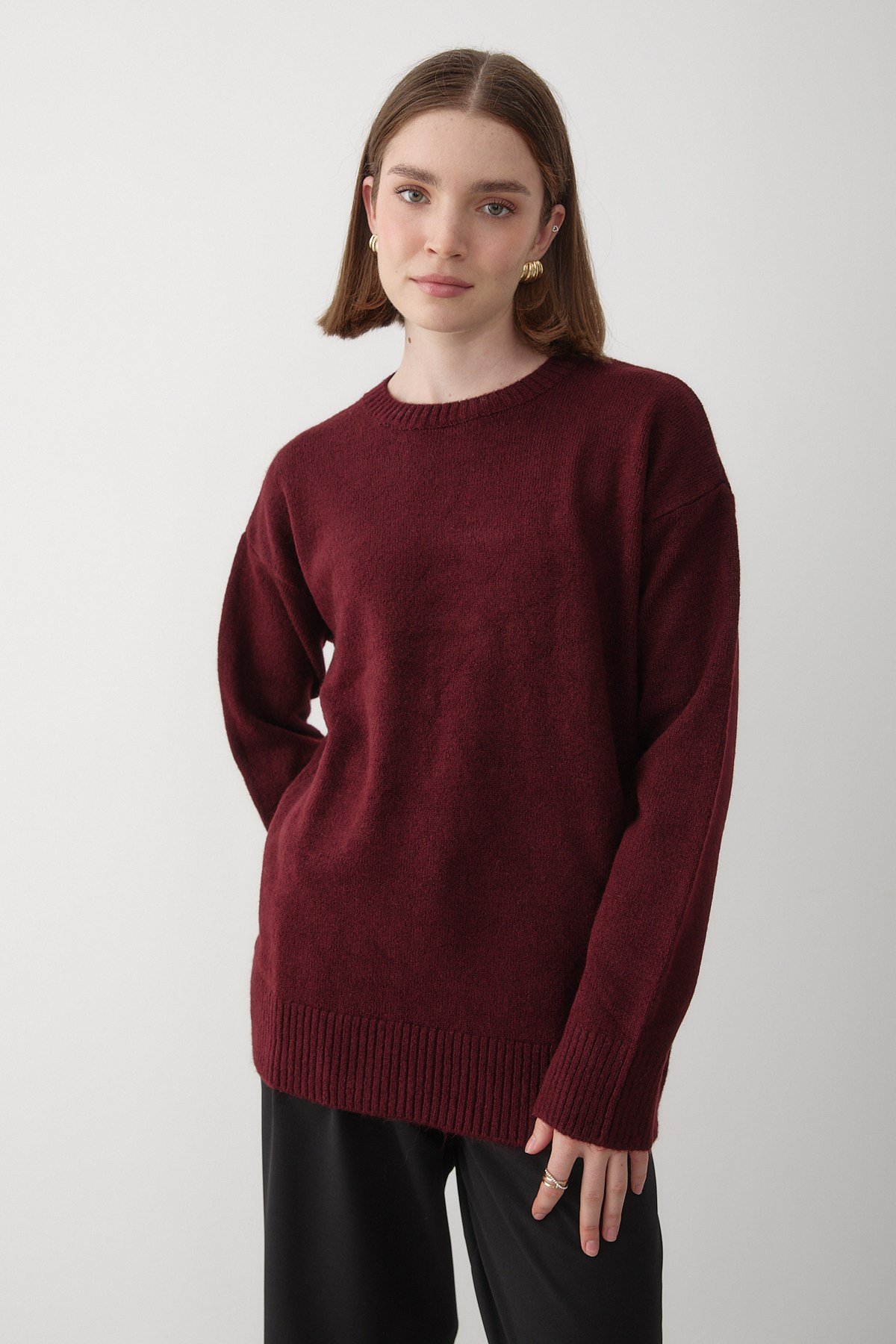 Kadın Bordo Bisiklet Yaka Oversize Triko Kazak