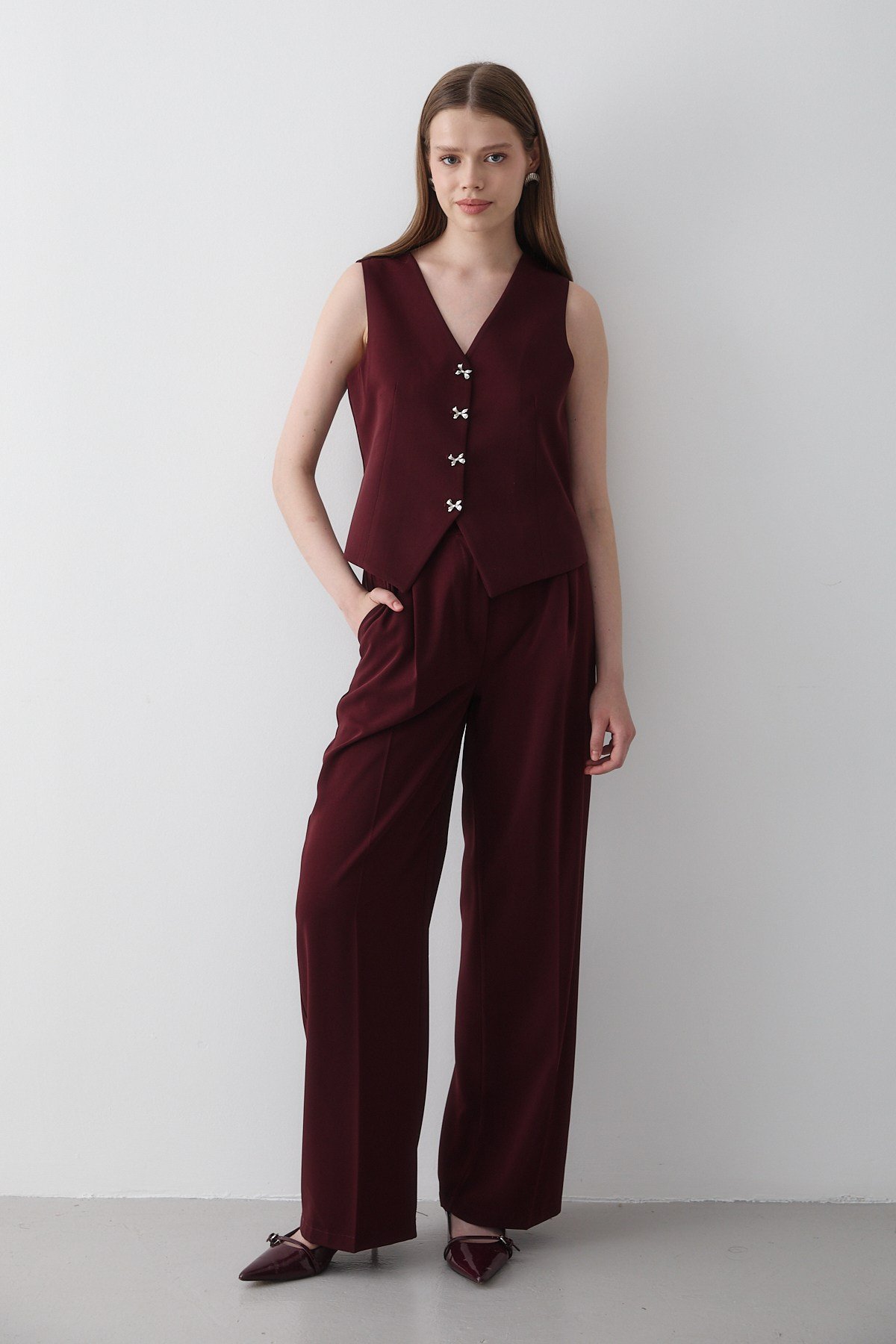 Kadın Bordo Kurdele Detaylı Yelek & Düğme Detaylı Beli Lastikli Pantolon Alt&Üst Takım