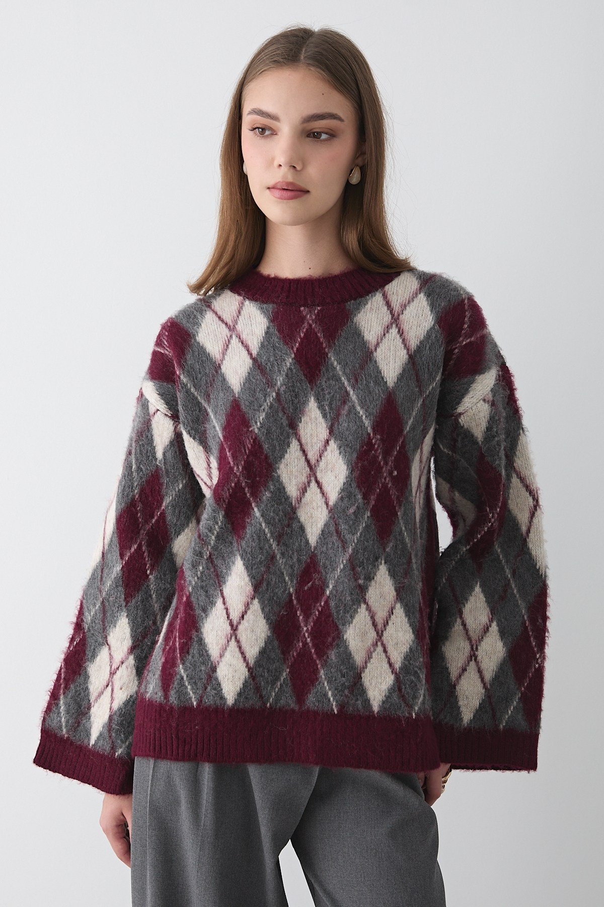 Kadın Bordo Oversize Argyle Desenli Triko Kazak