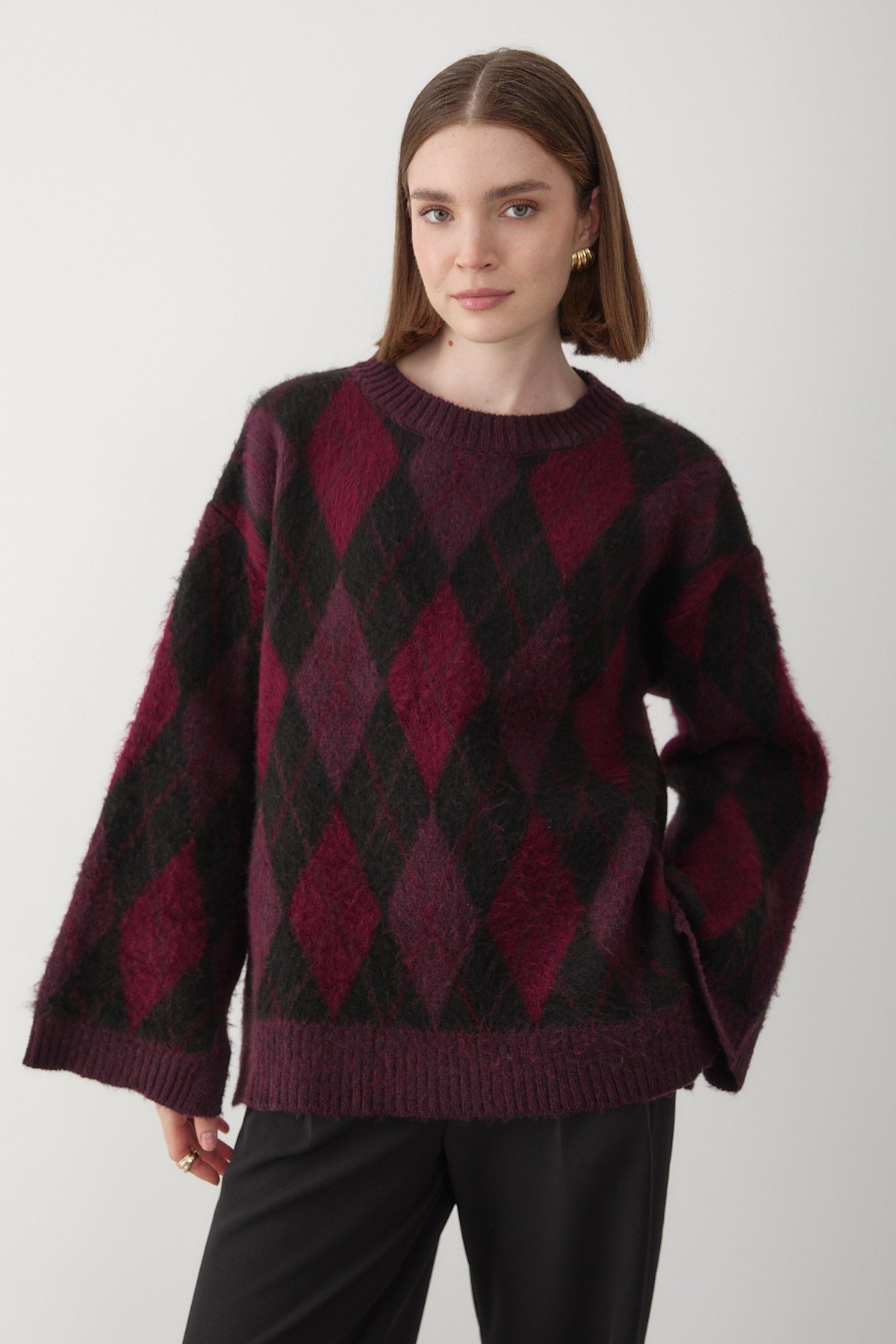 Kadın Bordo-Siyah Oversize Argyle Desenli Triko Kazak