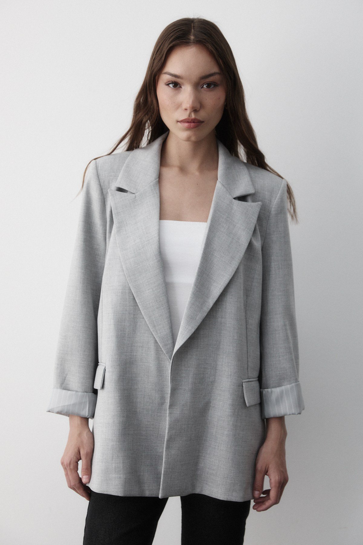 Kadın Gri Çizgili Içi Astarlı Kol Detaylı Blazer Ceket