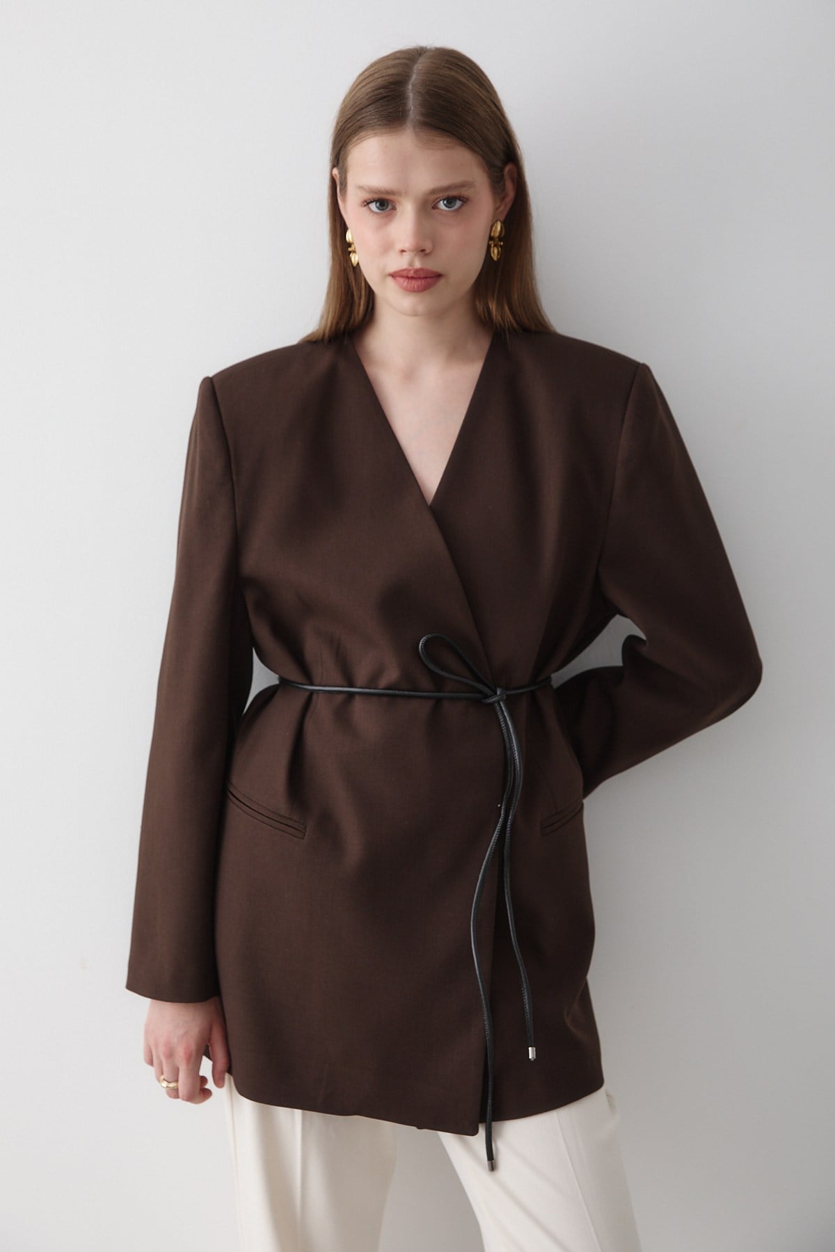 Kadın Kahverengi Kruvaze Kemer Detaylı Oversize Blazer Ceket