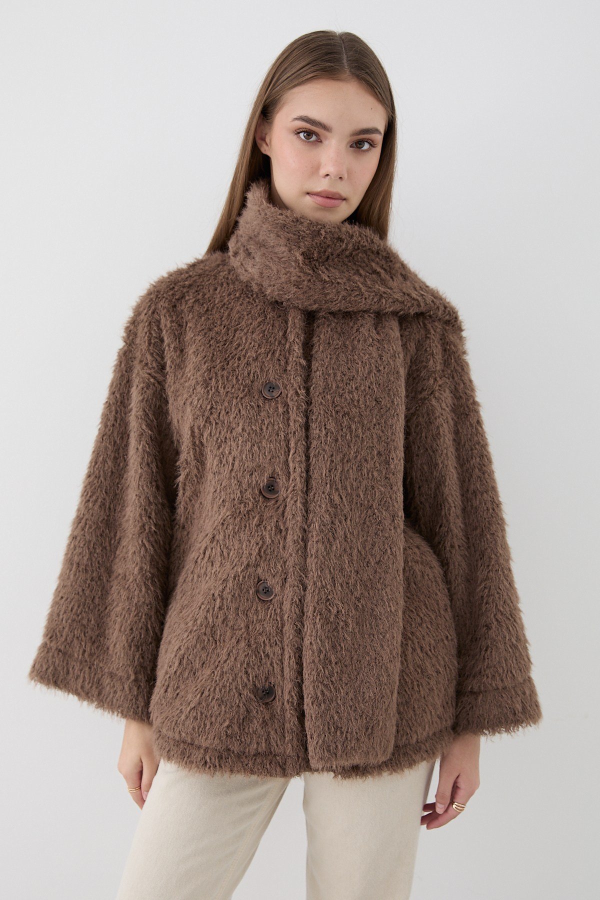 Kadın Kahverengi Peluş Şal Yaka Oversize Hırka