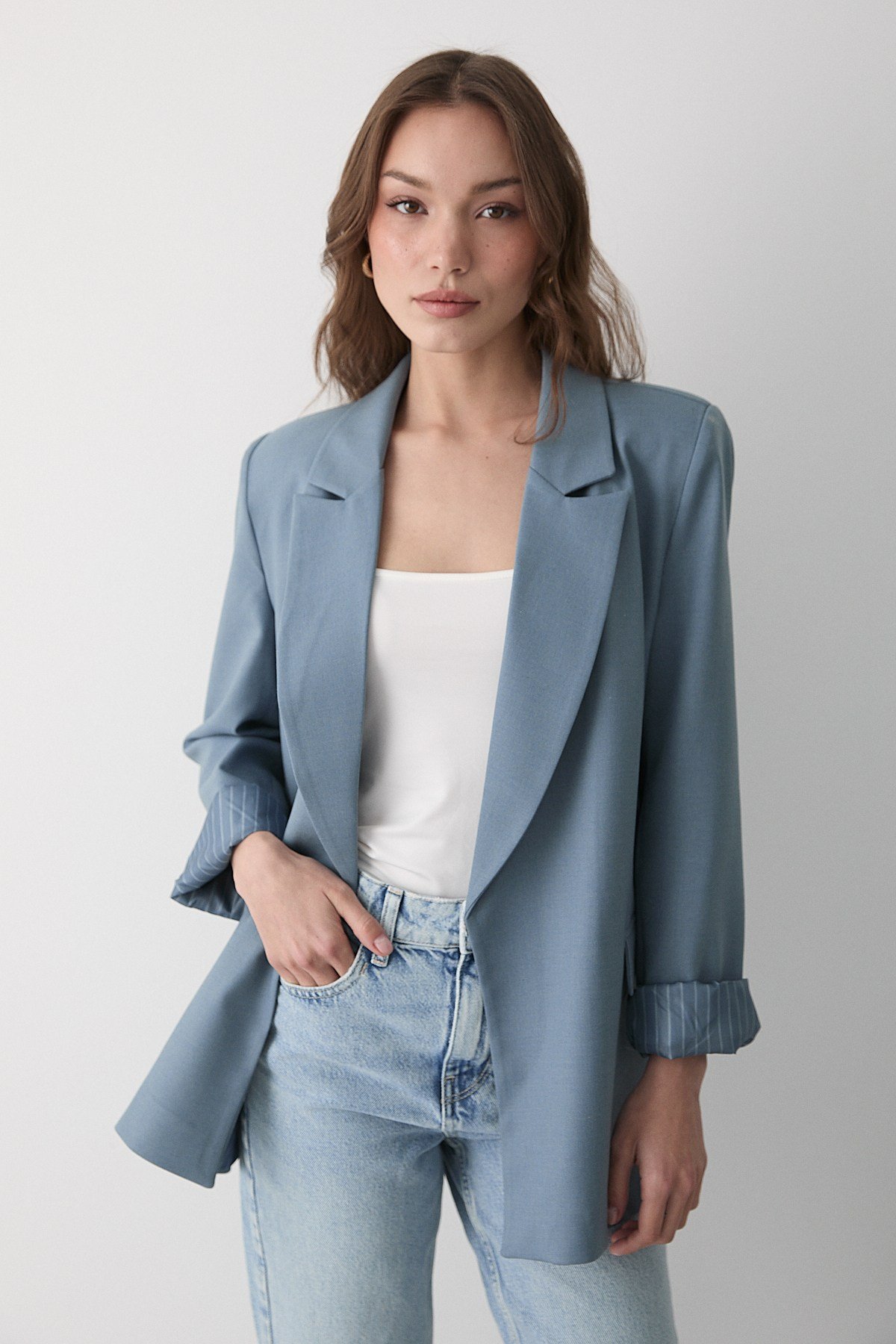 Kadın Mavi Çizgili Içi Astarlı Kol Detaylı Blazer Ceket