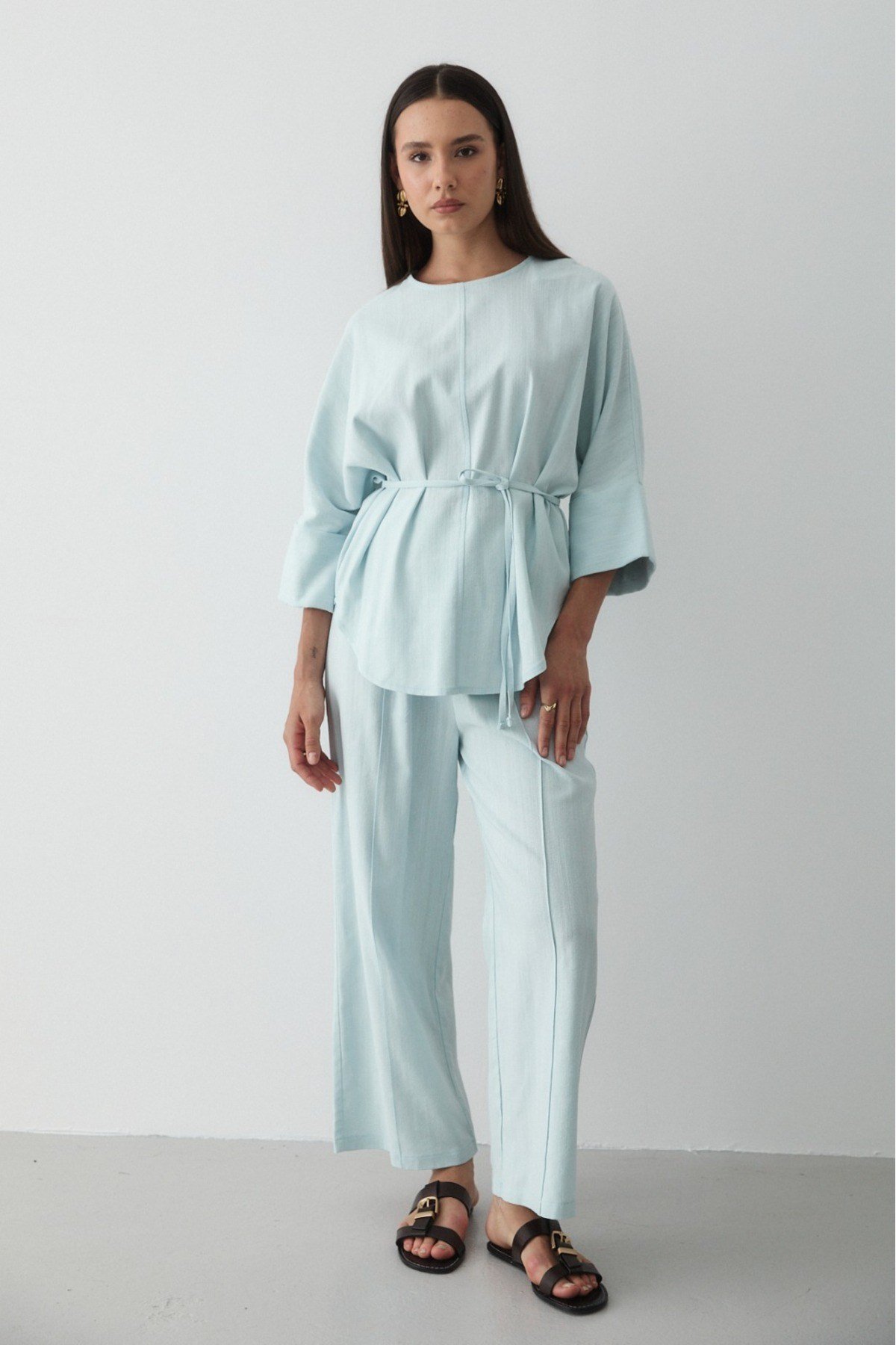 Kadın Mavi Keten Oversize Üst Bluz & Lastikli Bol Paça Pantolon Alt & Üst Takım