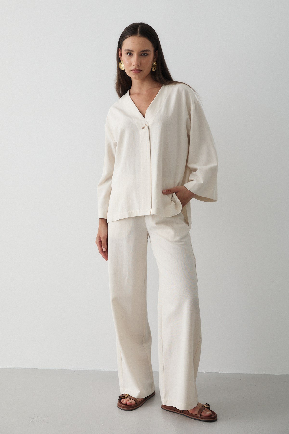 Kadın Naturel Düğmeli V Yaka Kimono & Beli Lastikli Pantolon Keten Alt & Üst Takım
