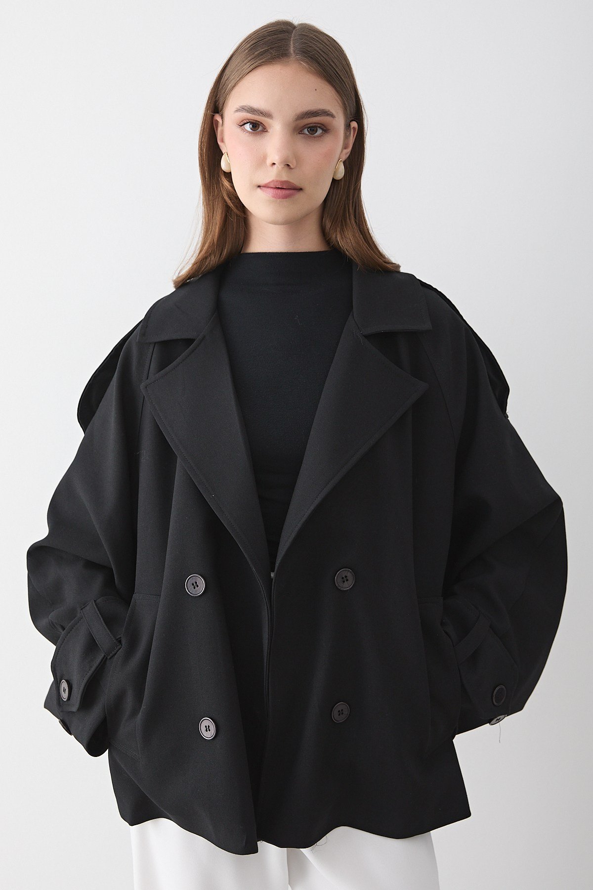 Kadın Oversize Kruvaze Yaka Kısa Trençkot
