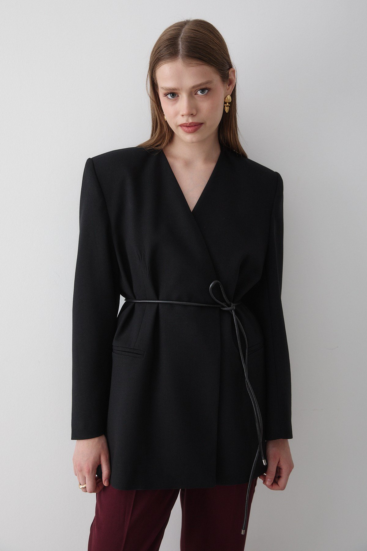 Kadın Siyah Kruvaze Kemer Detaylı Oversize Blazer Ceket
