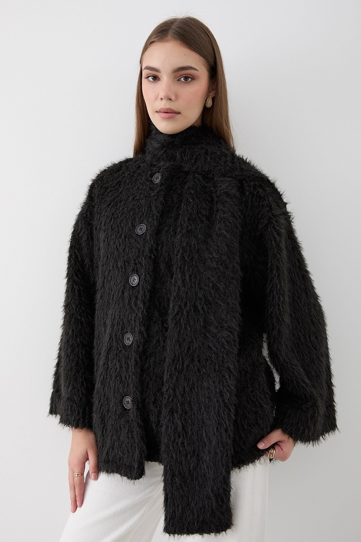 Kadın Siyah Peluş Şal Yaka Oversize Hırka