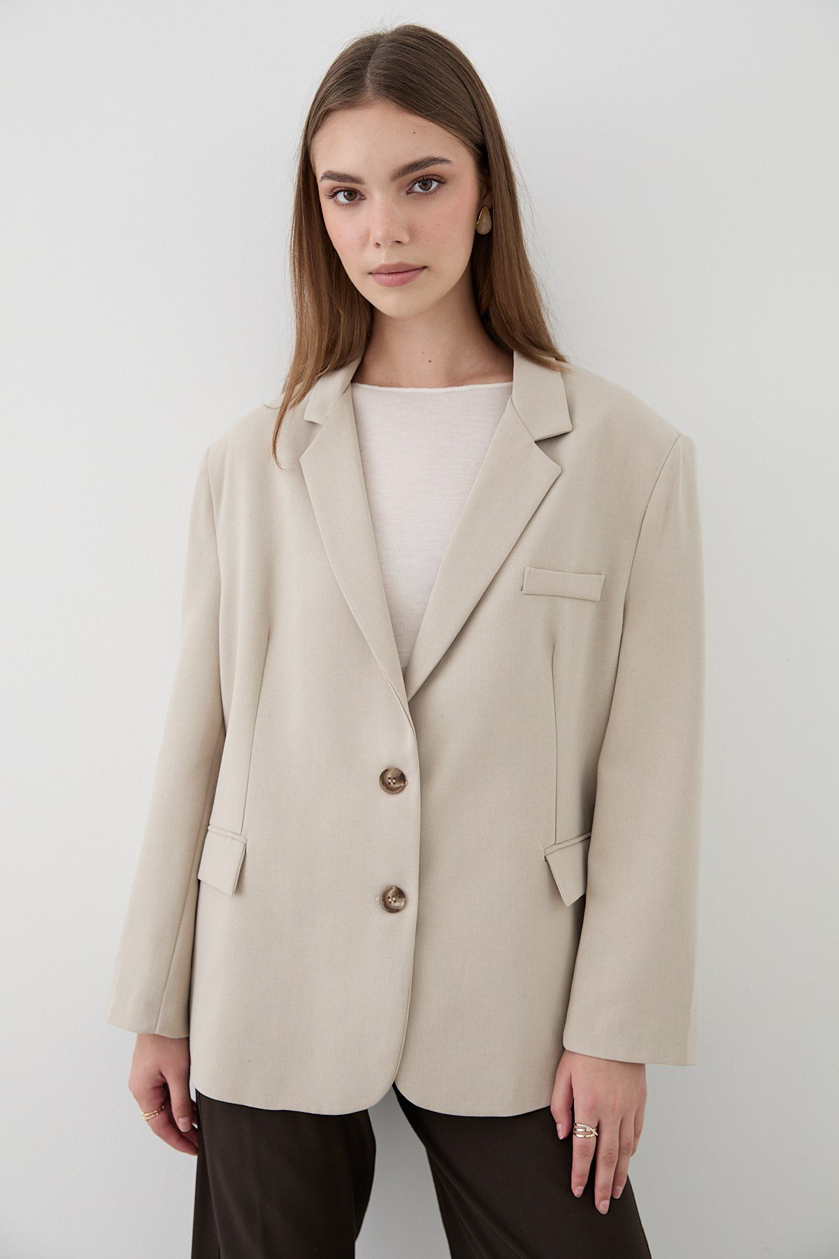 Kadın Taş Düğme Detaylı Oversize Blazer Ceket