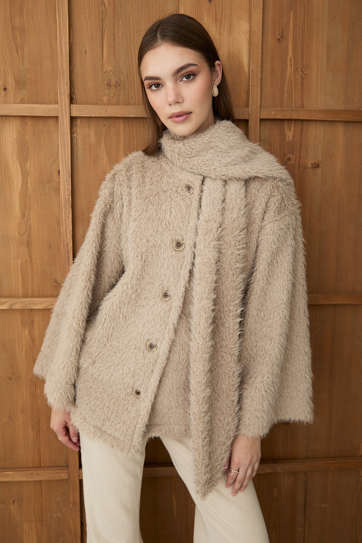Kadın Vizon Peluş Şal Yaka Oversize Hırka