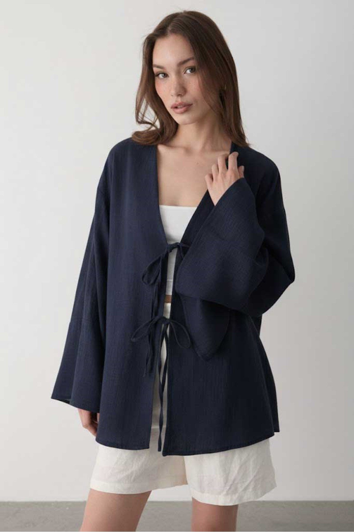 Kadın Yarasa Kol Çift Bağlamalı Kimono %100 Pamuk LACİVERT