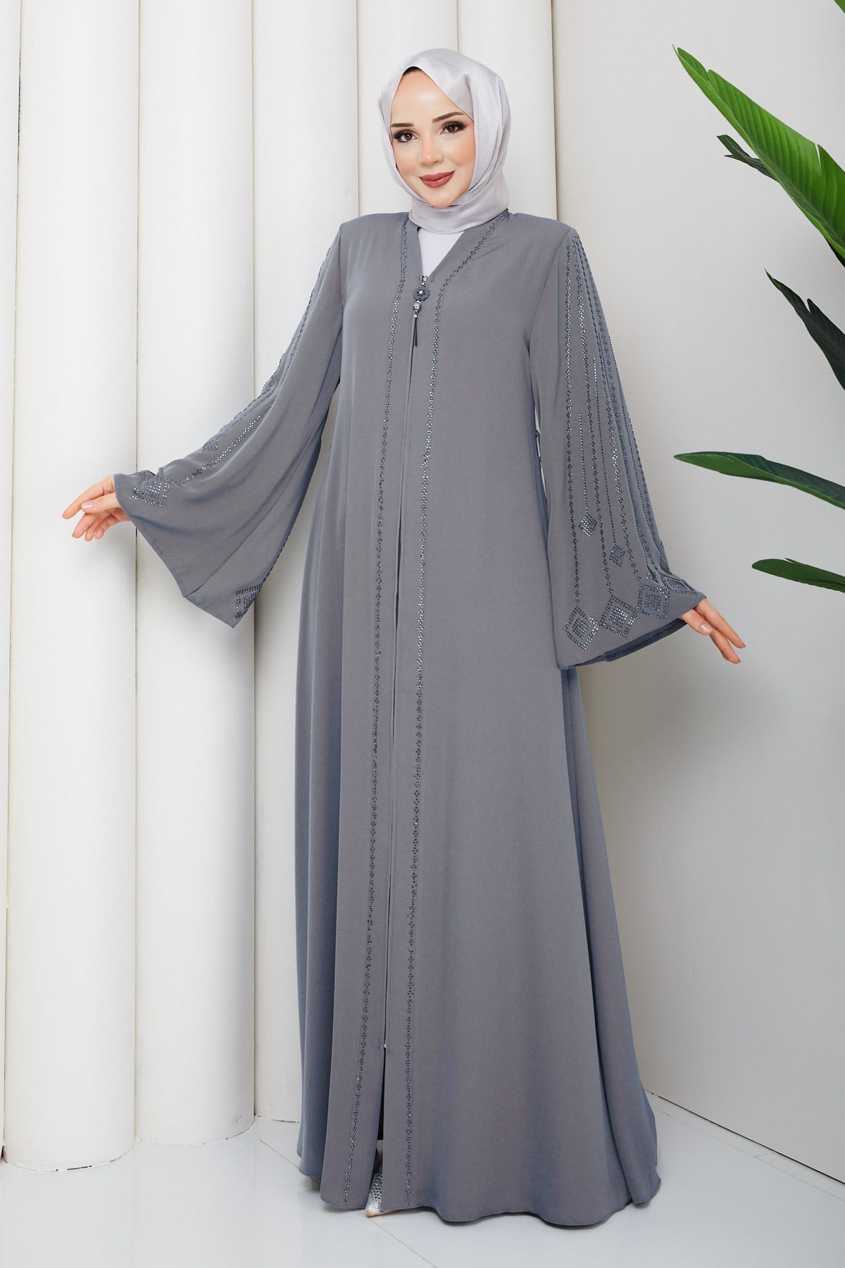 ABAYA DUBAİ İPEĞİ TAŞLI FERACE / Gri
