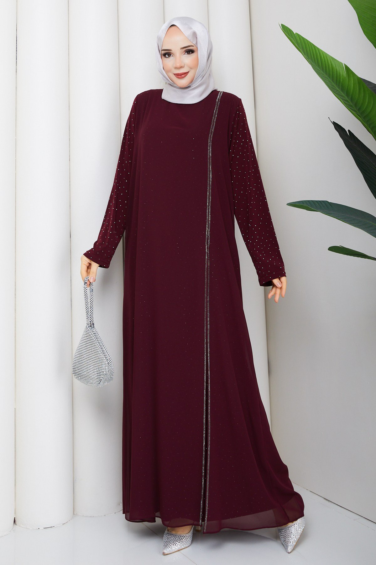 KOLU BENEK DETAYLI ABİYE ELBİSE / Bordo
