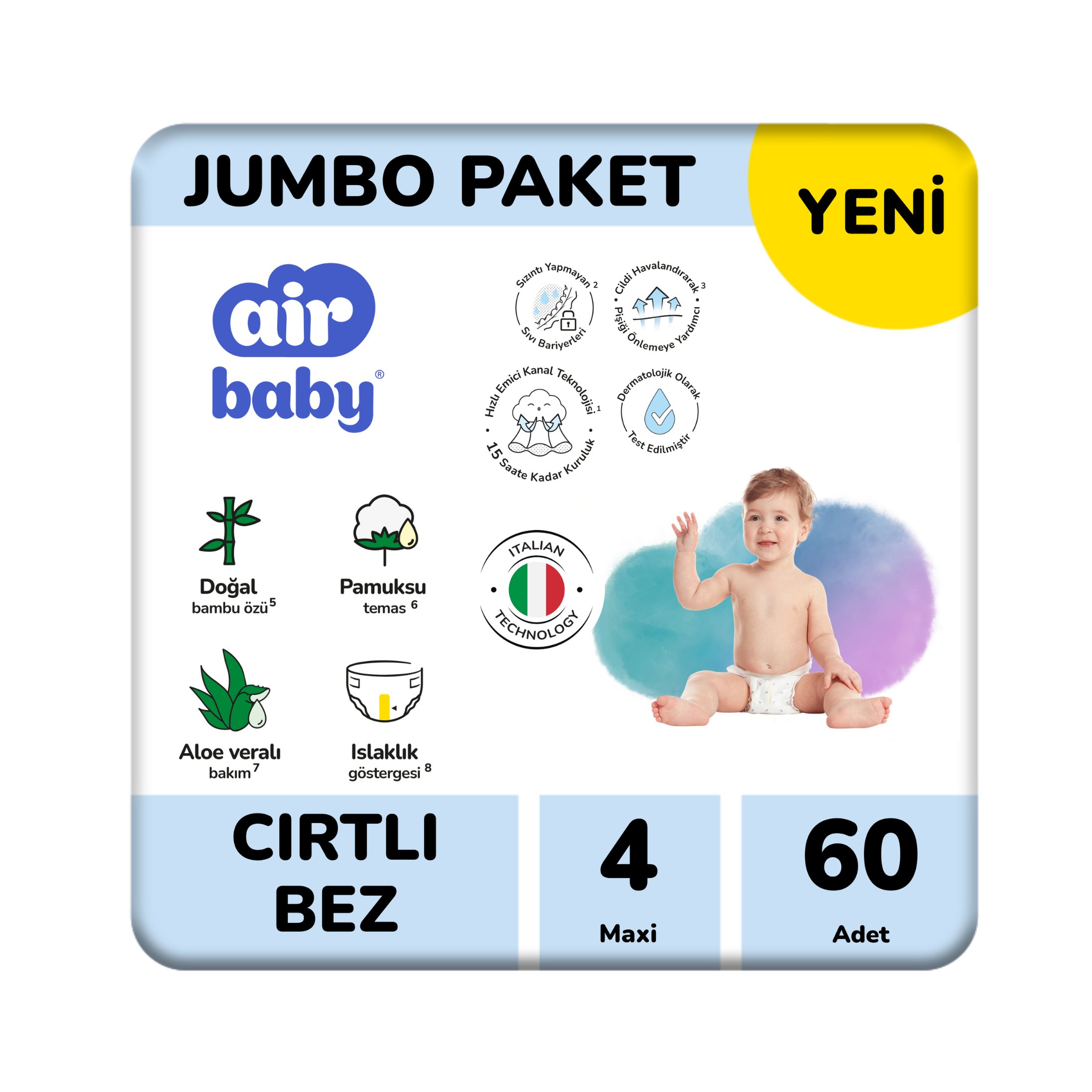 Air Baby Jumbo Paket Maxi Bebek Bezi 4 Numara 60 Adet 8-14 Kg