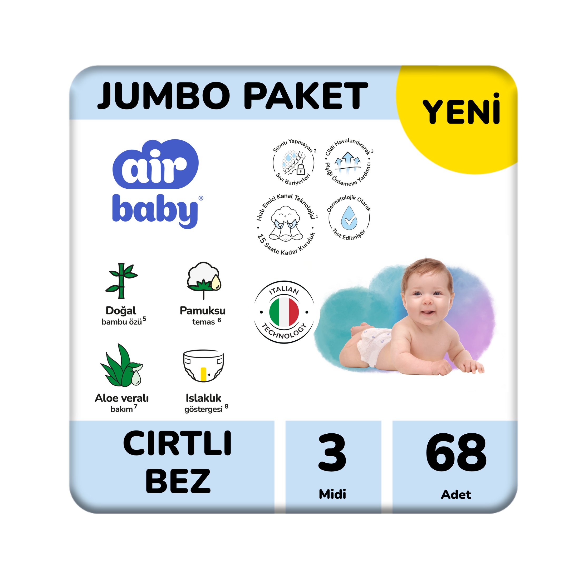 Air Baby Jumbo Paket Midi Bebek Bezi 3 Numara 68 Adet 4-9 Kg