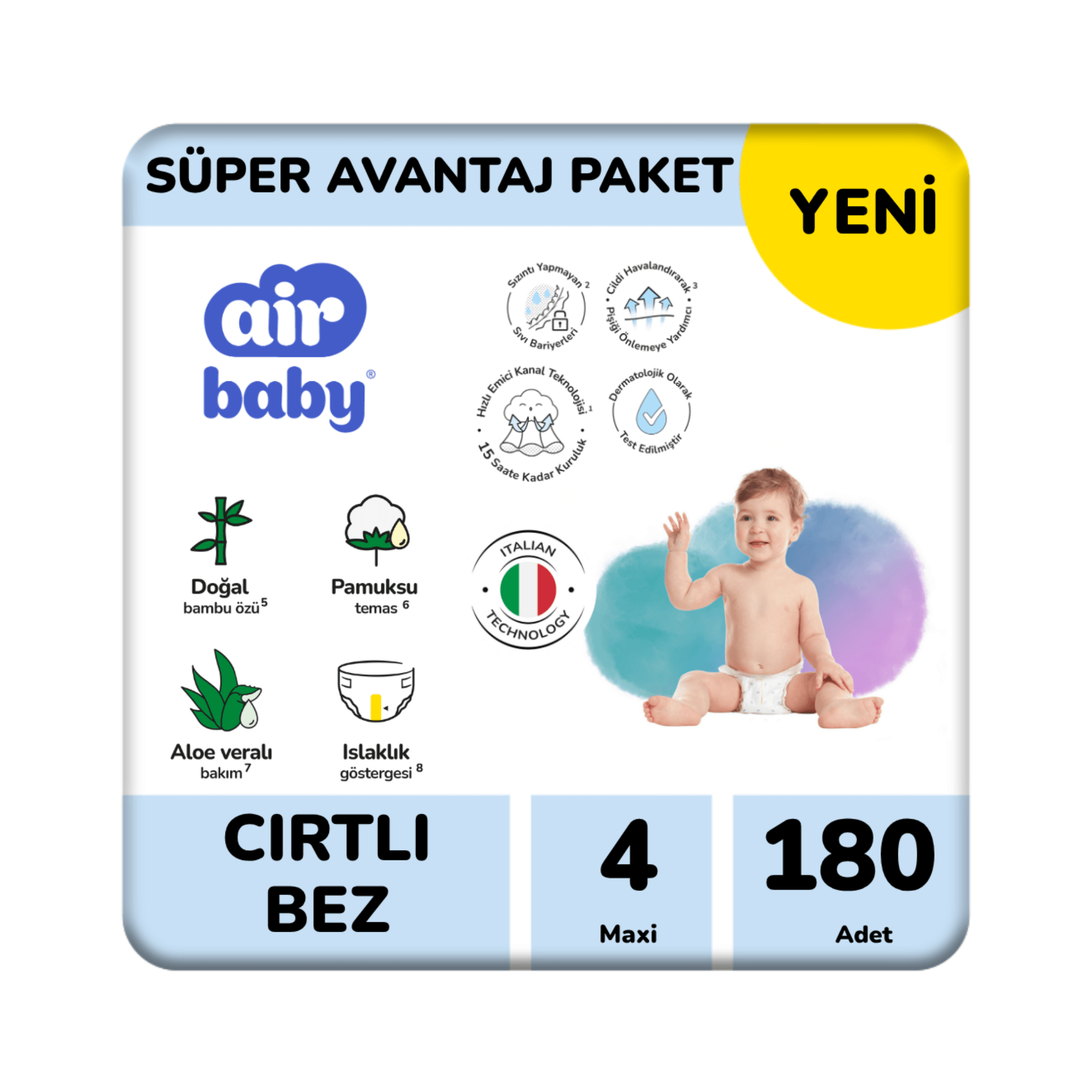 Air Baby Süper Avantaj Paket Maxi Bebek Bezi 4 Numara 180 Adet 8-14 Kg