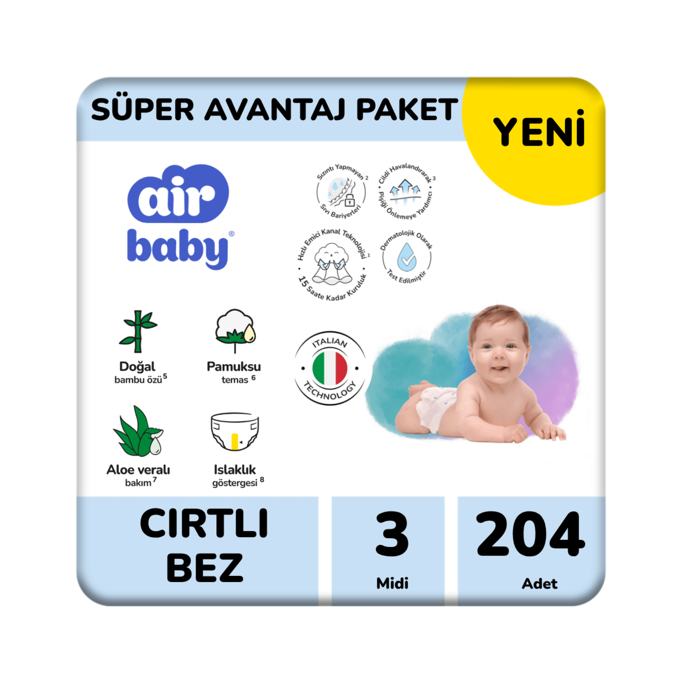 Air Baby Süper Avantaj Paket Midi Bebek Bezi 3 Numara 204 Adet 4-9 Kg