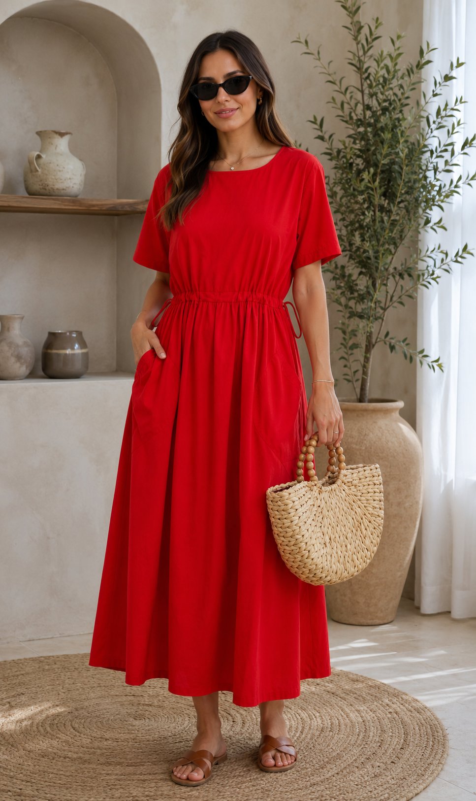 Kırmızı Poplin Beli Ayarlanabilir Midi Elbise