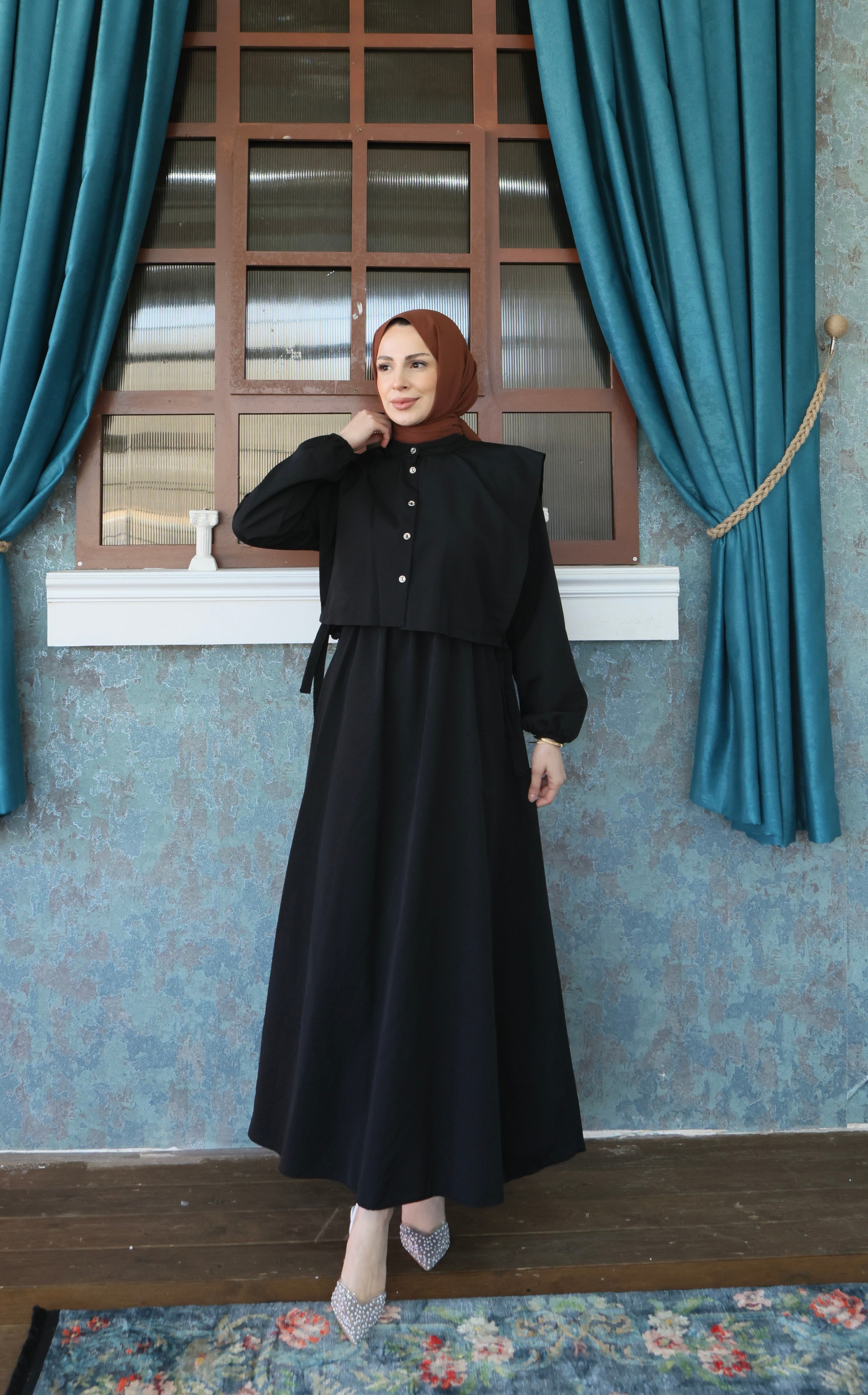 Bolerolu Beli Lastikli Tesettür Elbise Siyah HNT011
