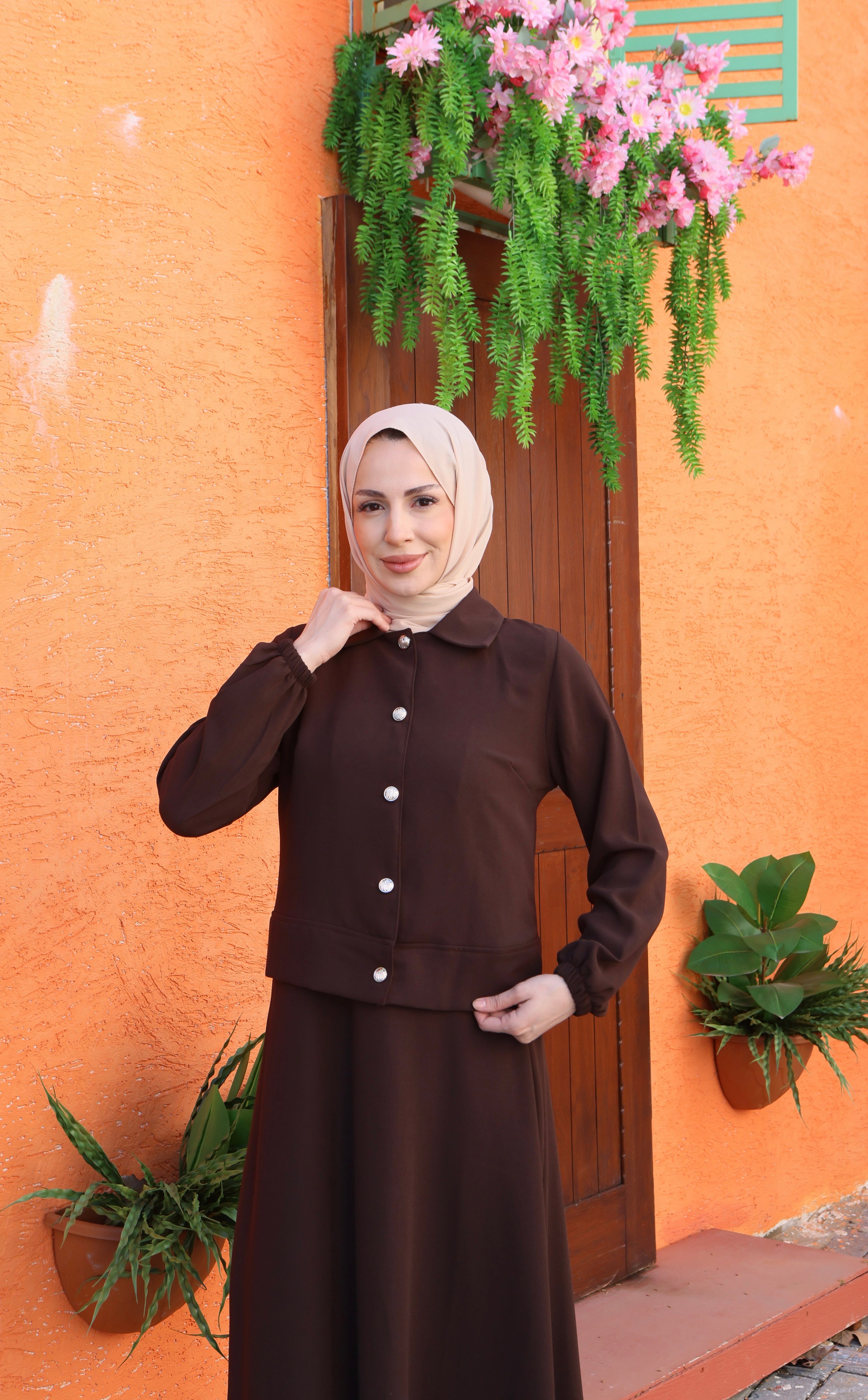 Ceketi Düğmeli Jile Elbise Kahve HNT8590