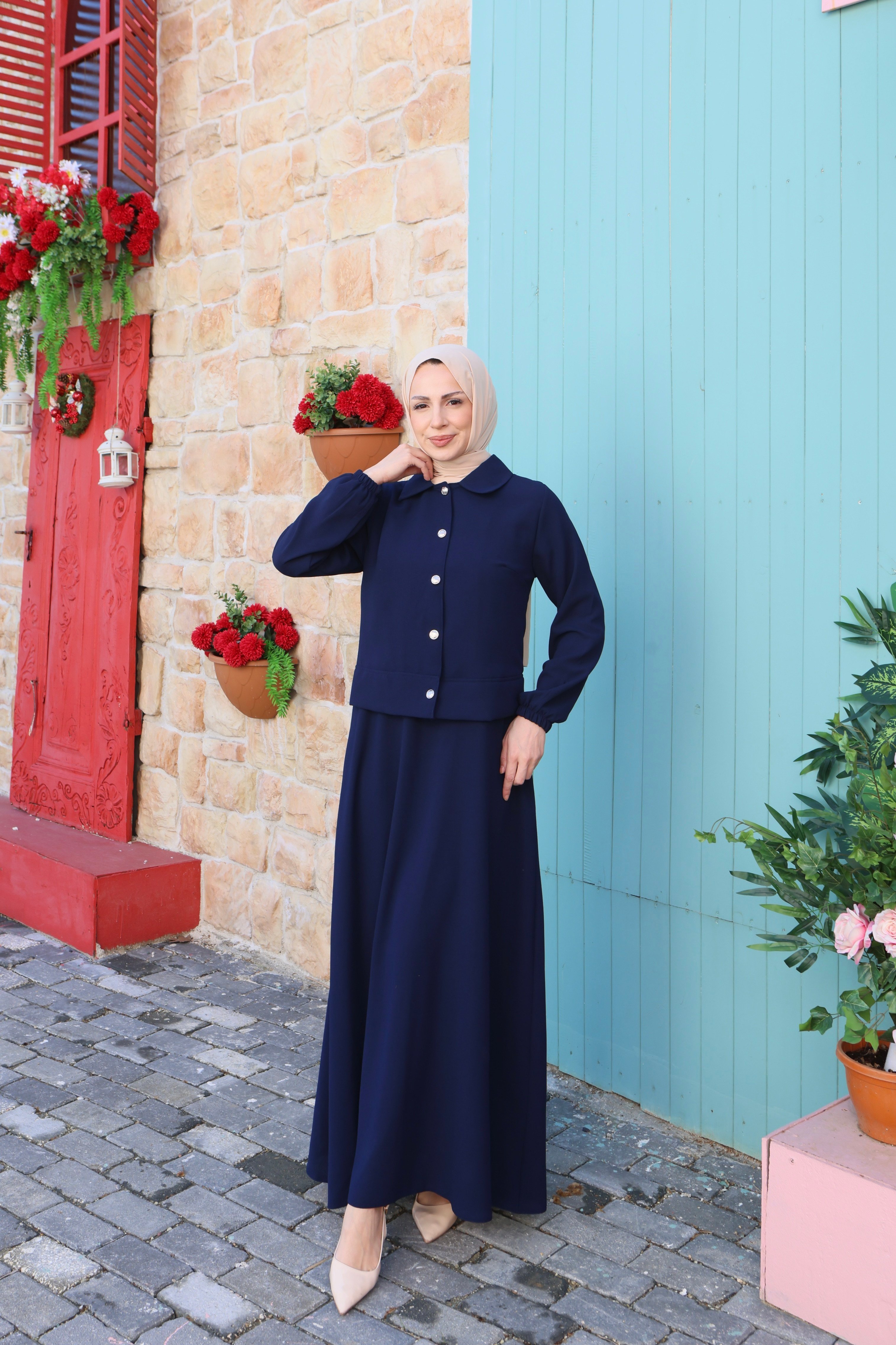 Ceketi Düğmeli Jile Elbise Lacivert  HNT8590