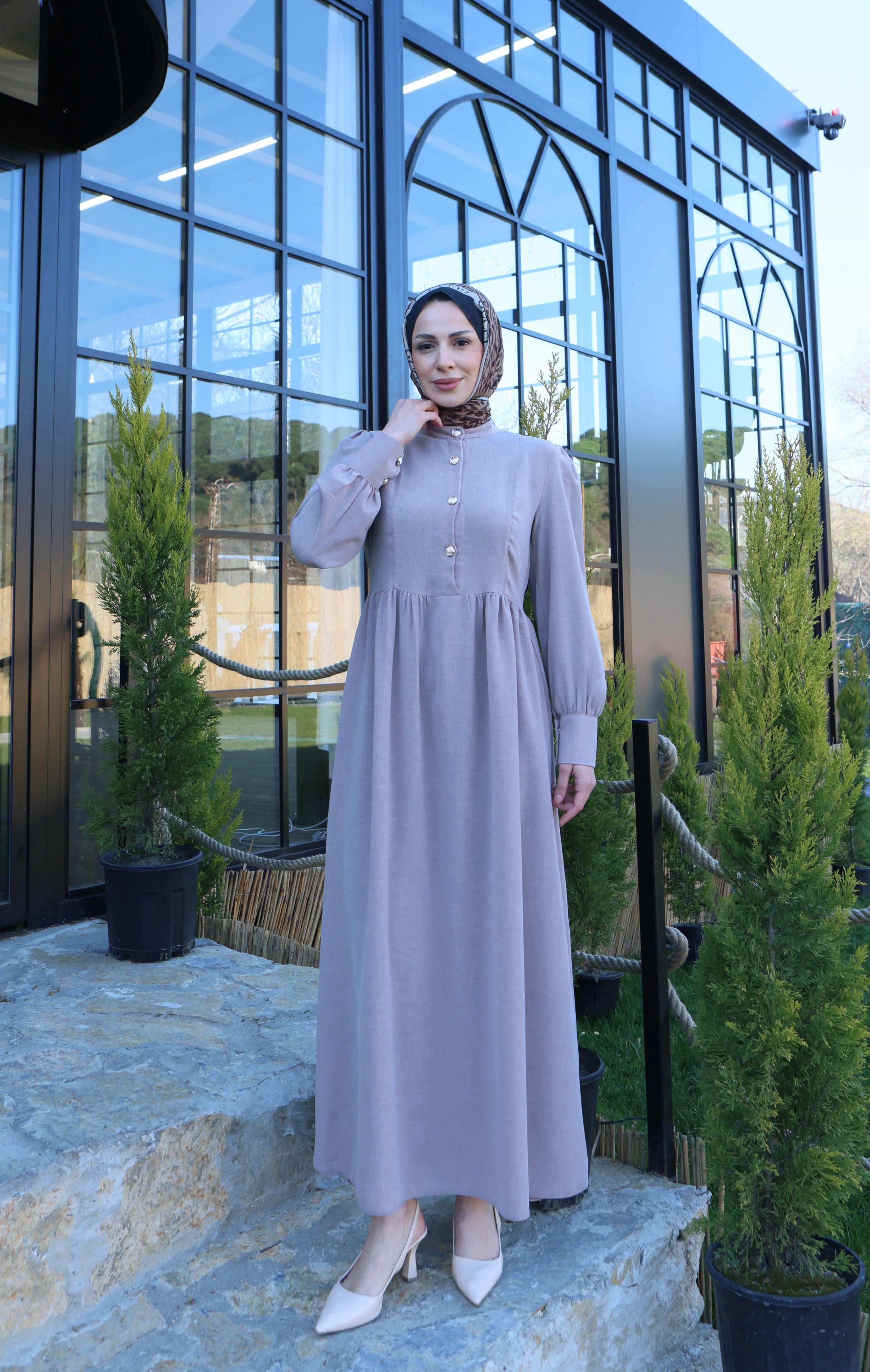 Düğme Detaylı Pileli Tesettür Elbise Vizon  HNT8528