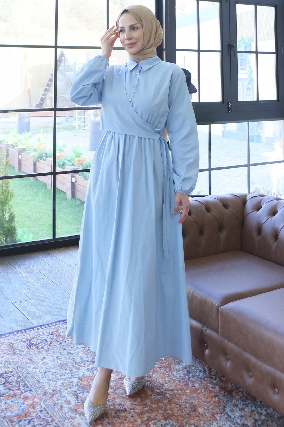 Yandan Bağlamalı  Tesettür Elbise Bebe Mavisi  HNT010