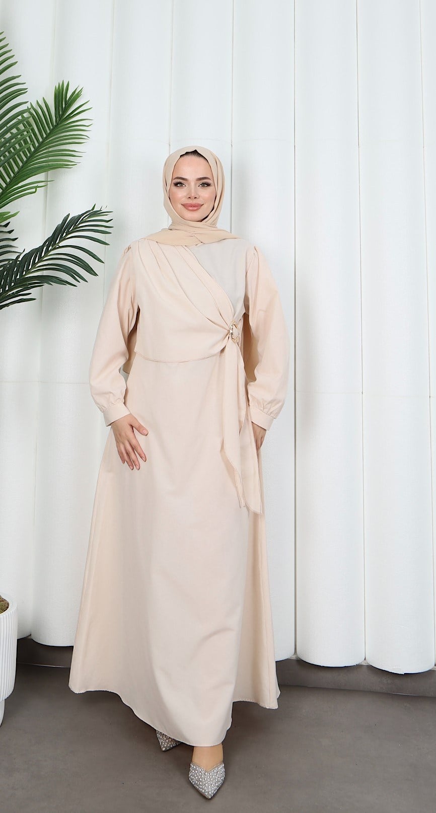 Yandan Tokalı Terikoton Elbise Krem  HNT0329