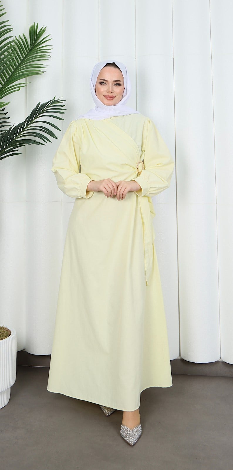 Yandan Tokalı Terikoton Elbise Sarı   HNT0329