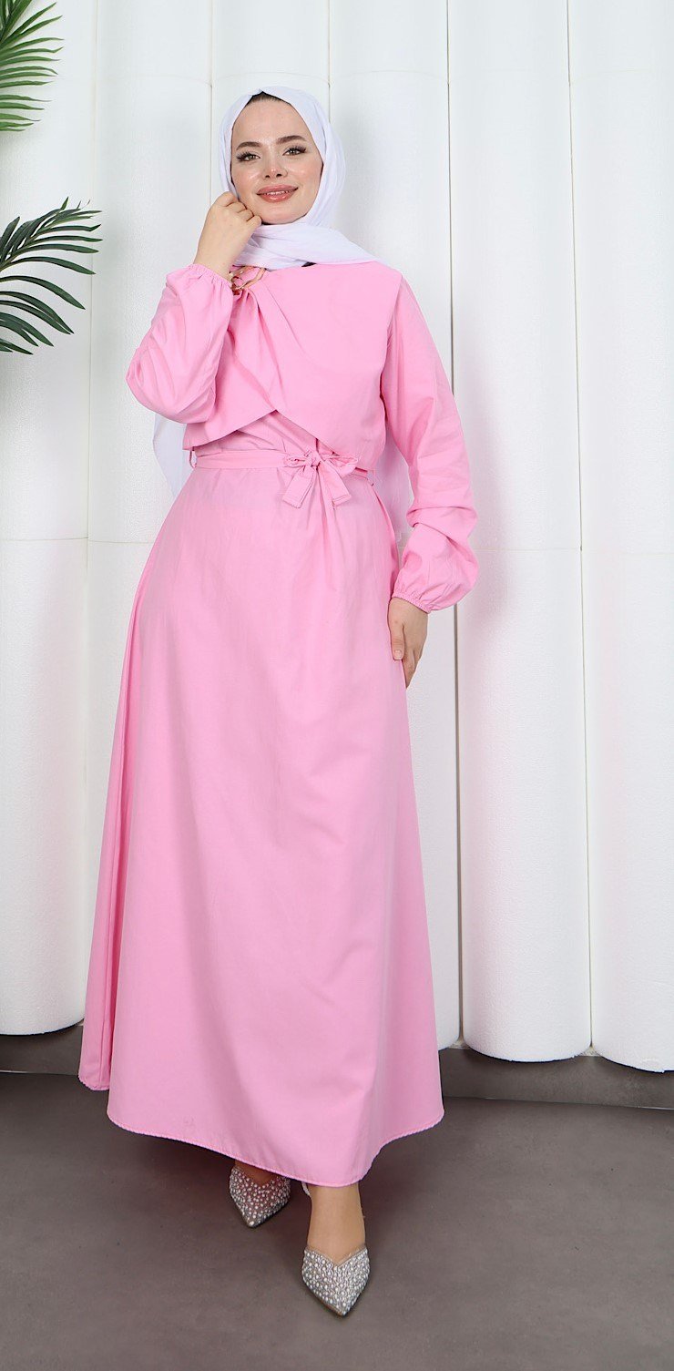 Toka Detaylı Kuşaklı Terikoton Elbise Pembe  HNT0332