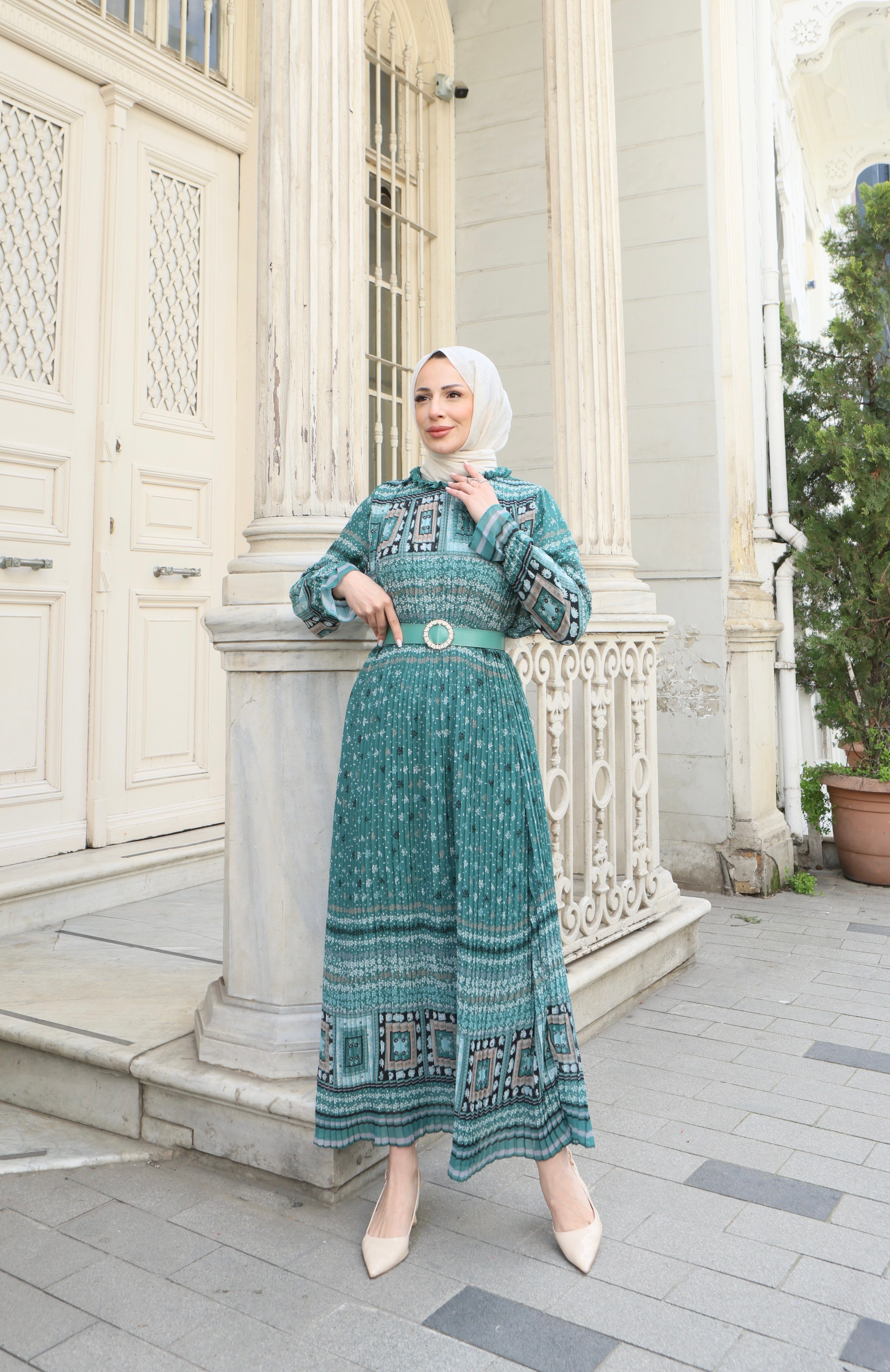 Desenli Boydan Piliseli Kemerli Şifon Elbise Mint Yeşili  HNT2968