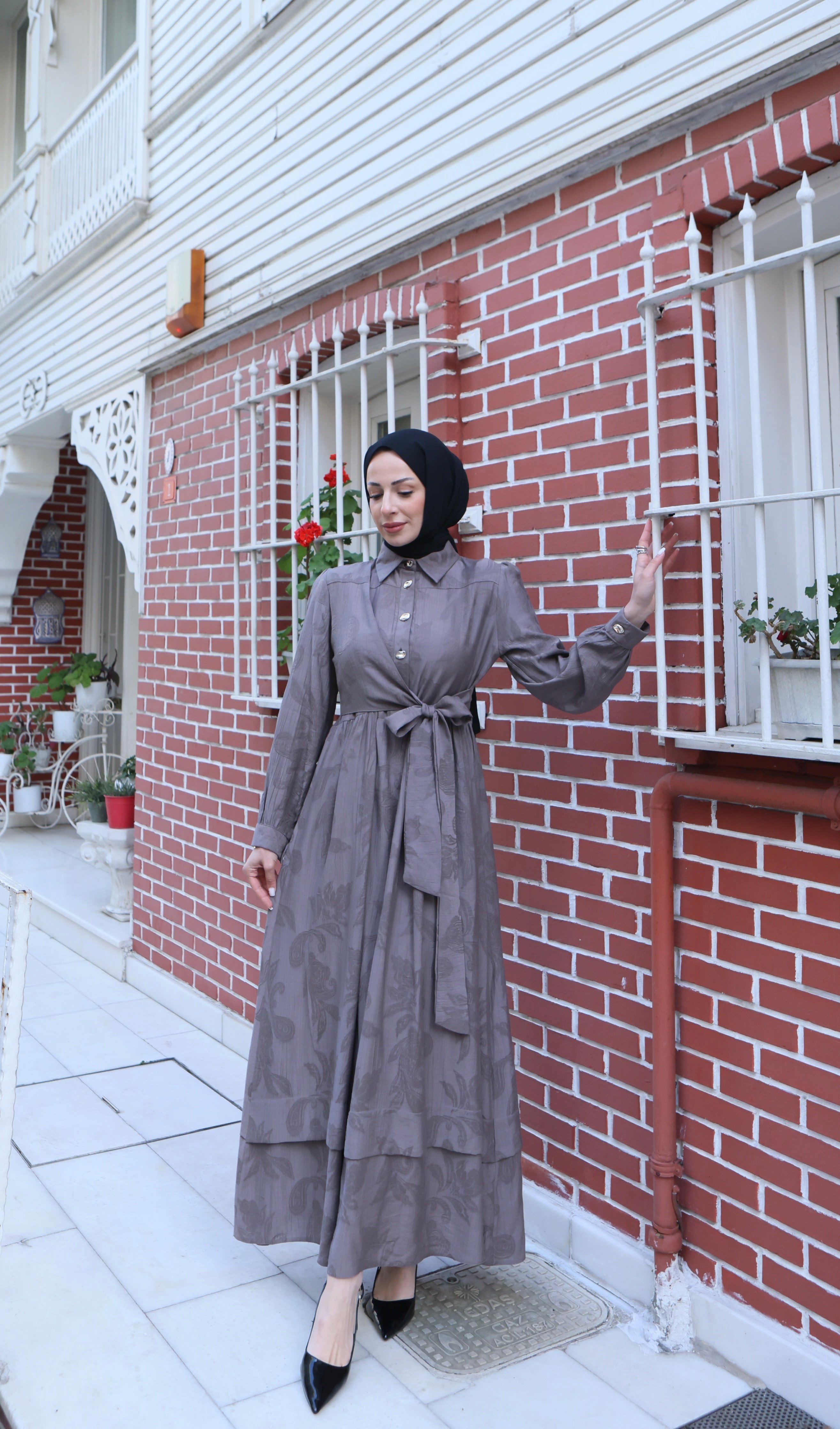 Yandan Bağlamalı Yarım Patlı Düğme Detaylı Elbise Vizon   HNT6200