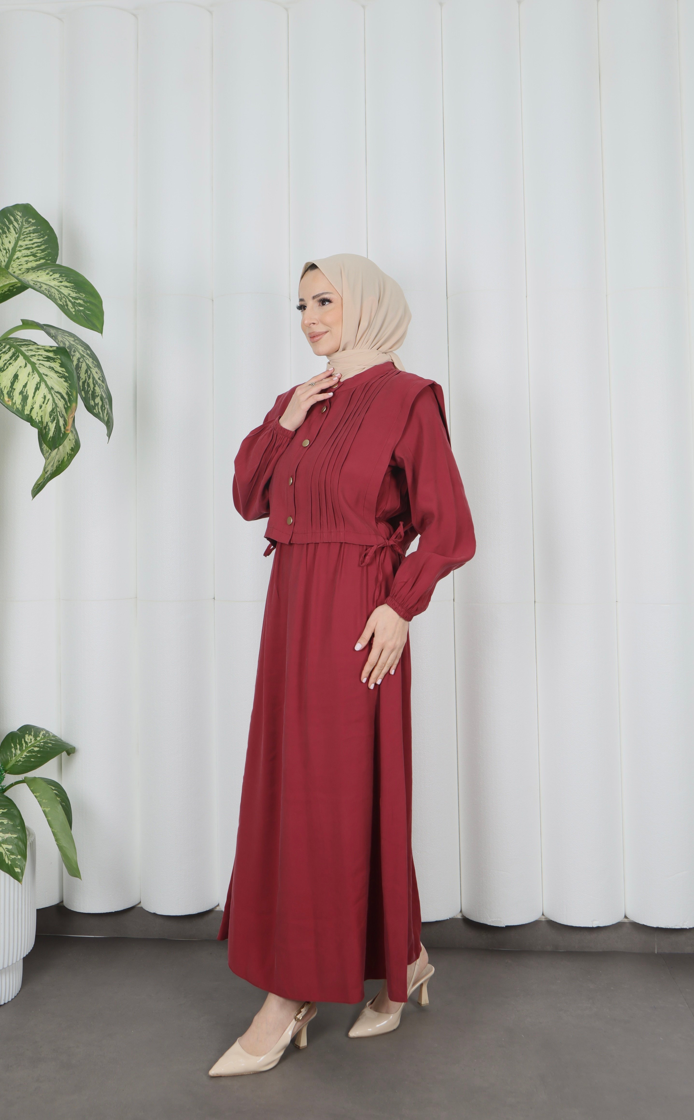 Düğme Detaylı Bolerolu  Pileli Elbise Bordo HNT7121