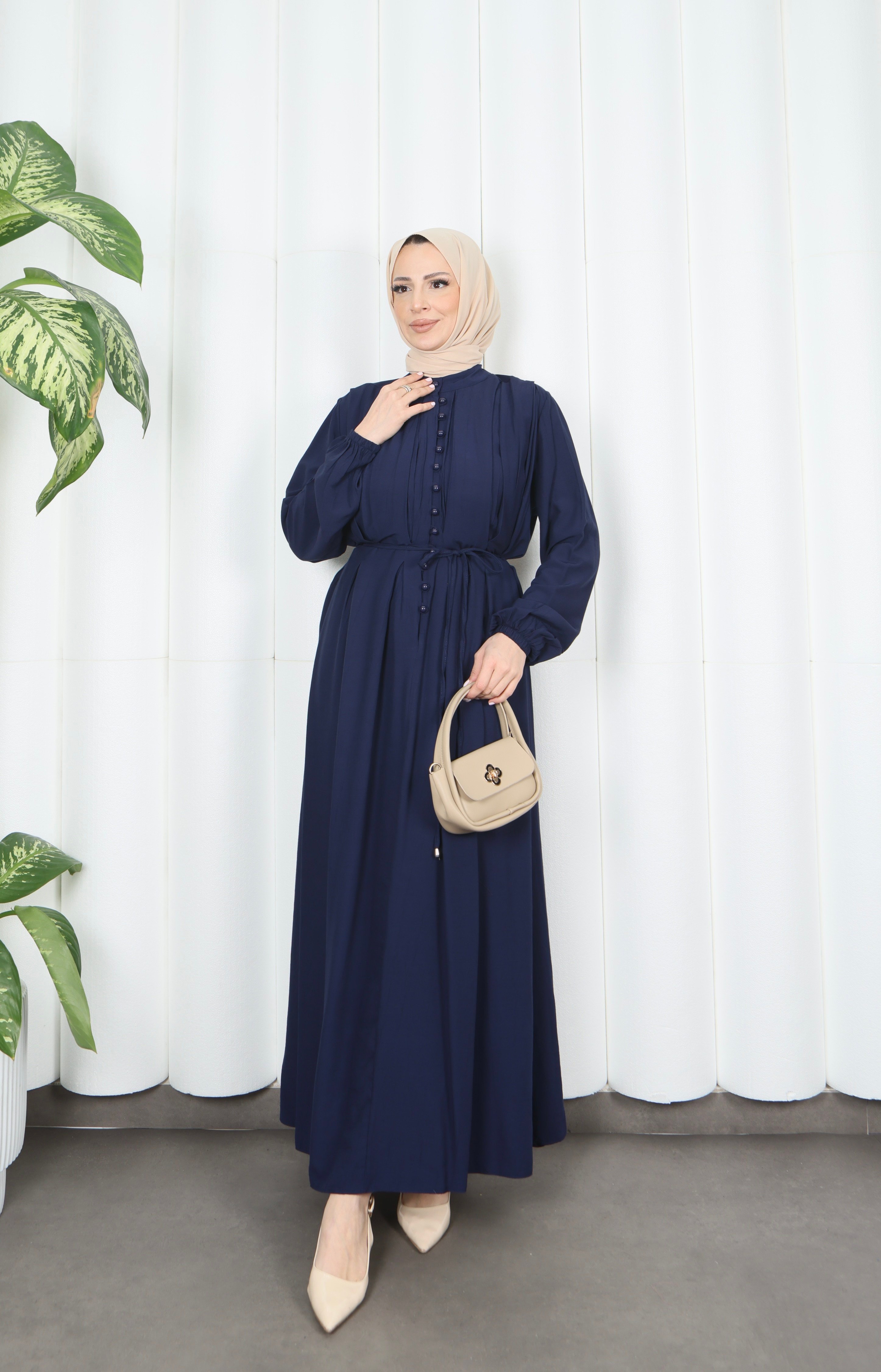 Biritli Kuşaklı Tesettür Elbise Lacivert  HNT7134