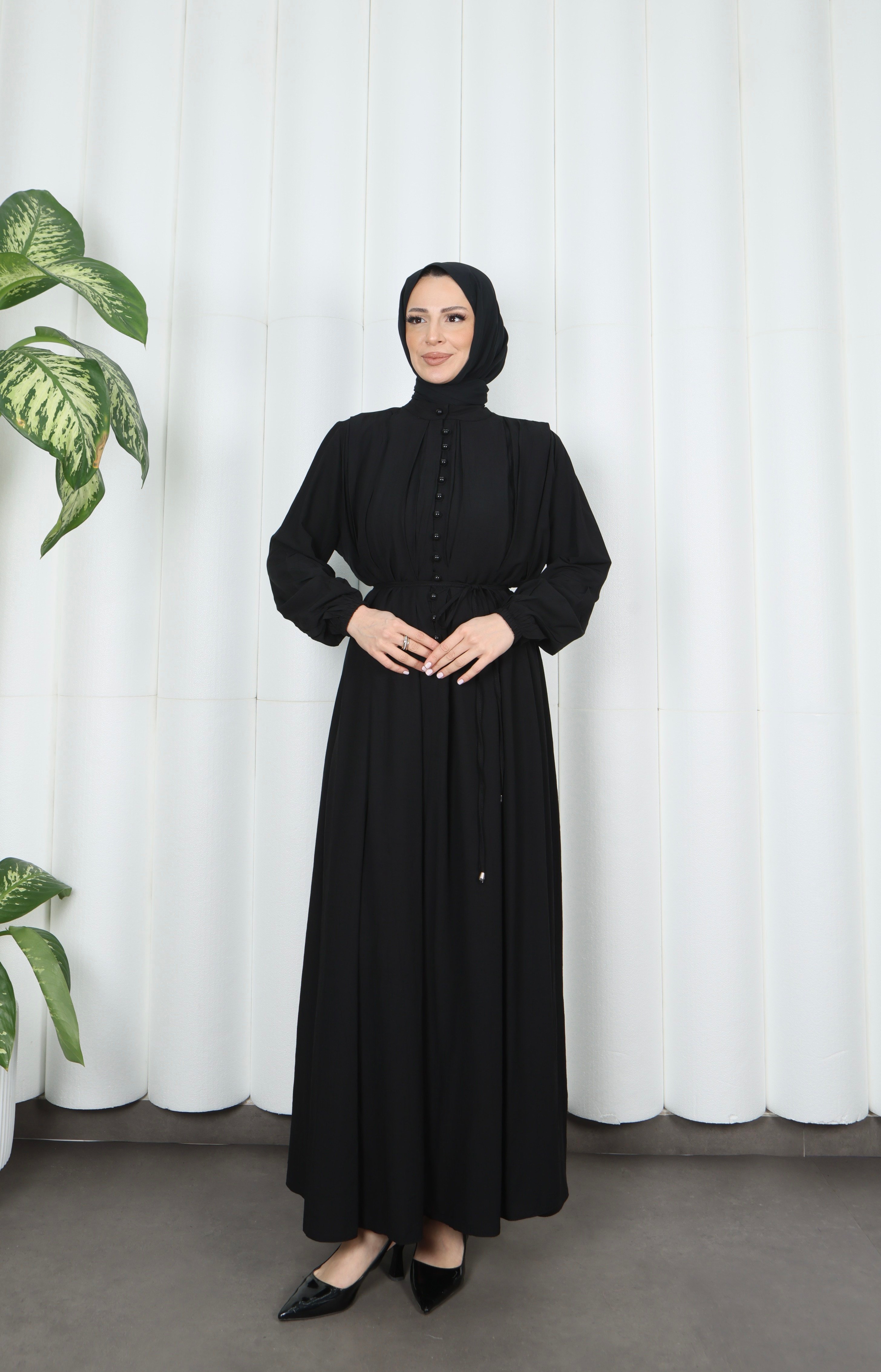Biritli Kuşaklı Tesettür Elbise Siyah HNT7134