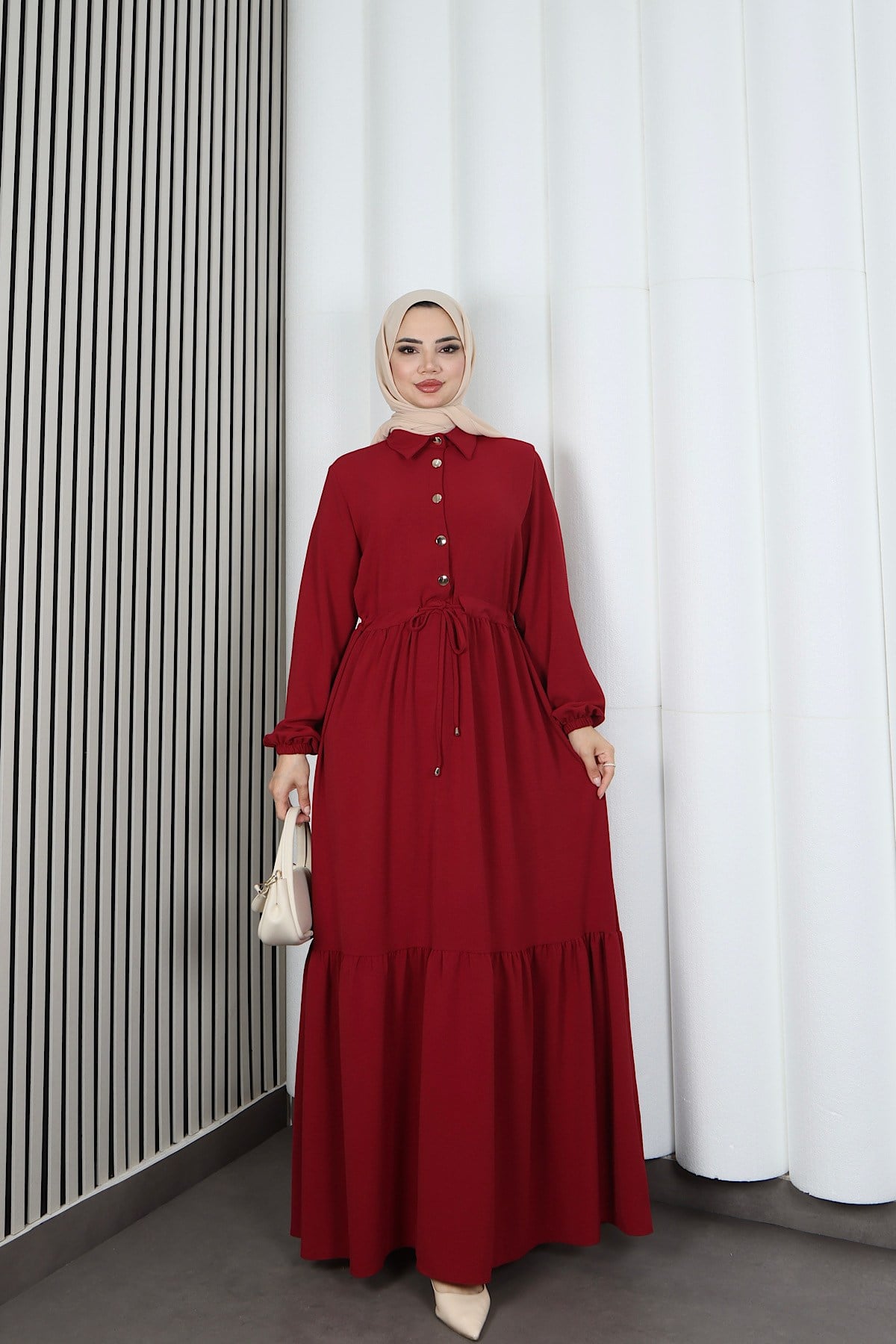 Yarım Pat Düğmeli Beli Bağcıklı Ayrobin Elbise Bordo HNT85451