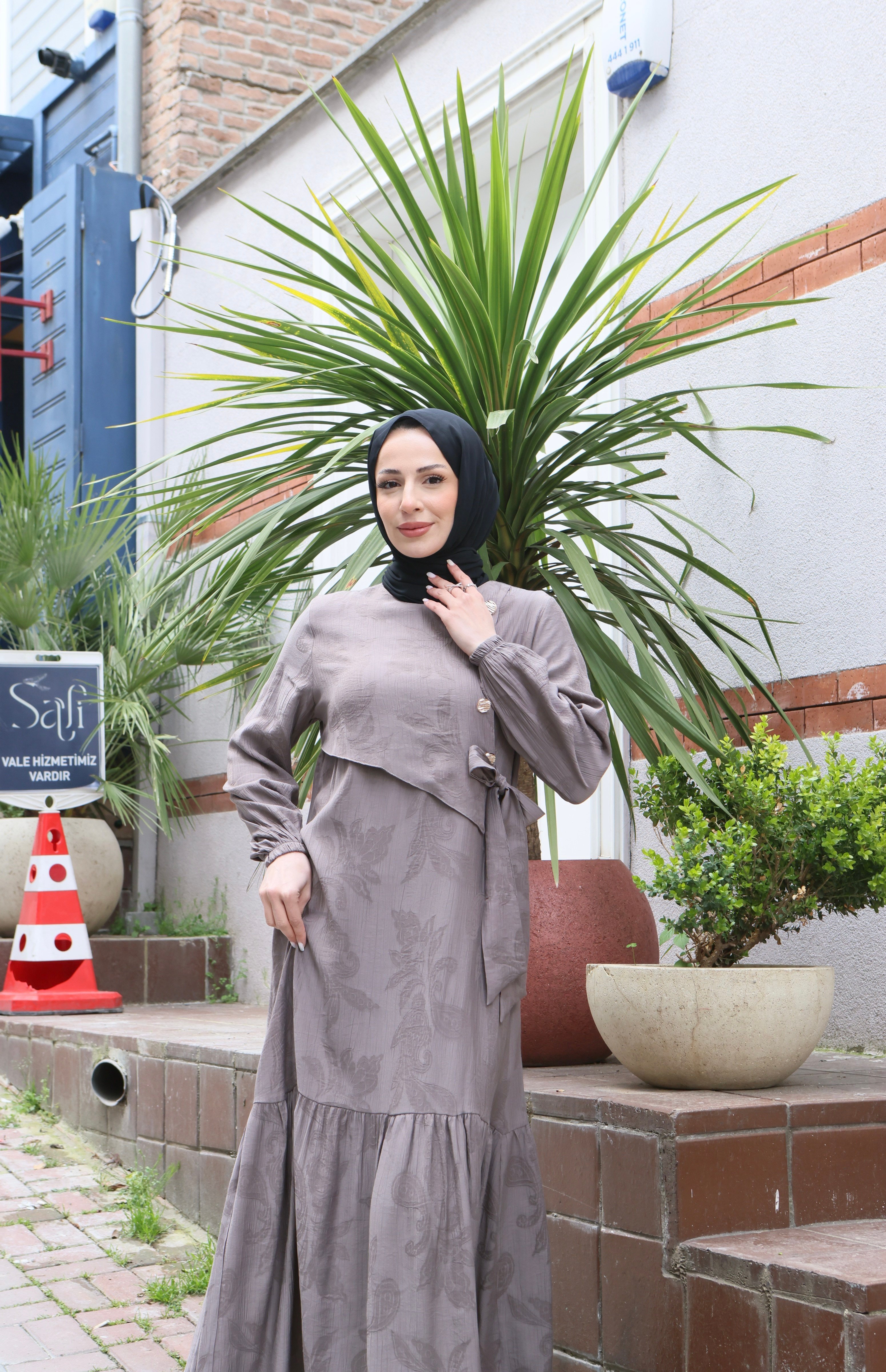 Yandan Bağlamalı Düğme Detaylı Elbise  Haki Vizon    HNT8566