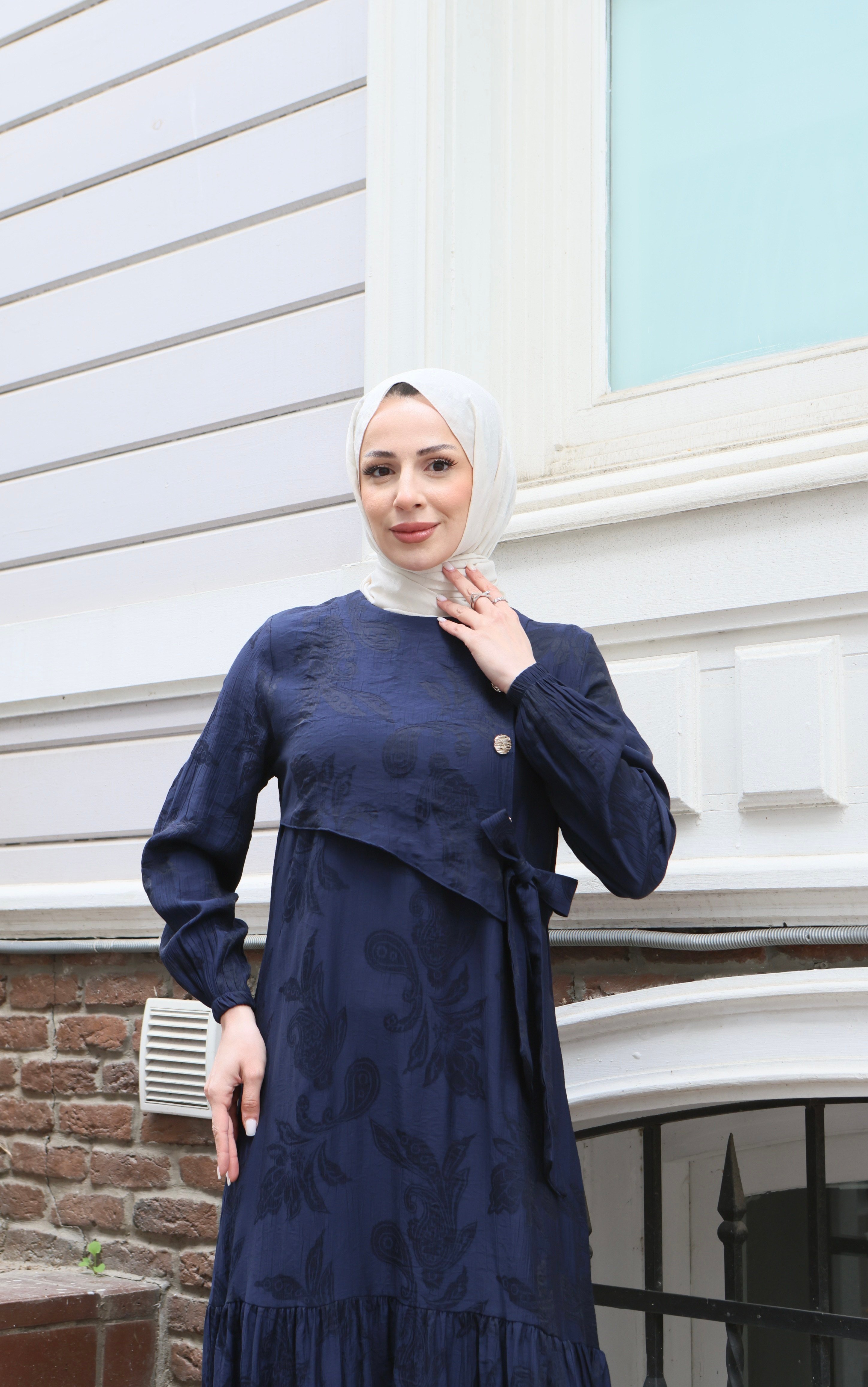Yandan Bağlamalı Düğme Detaylı Elbise  Lacivert  HNT8566