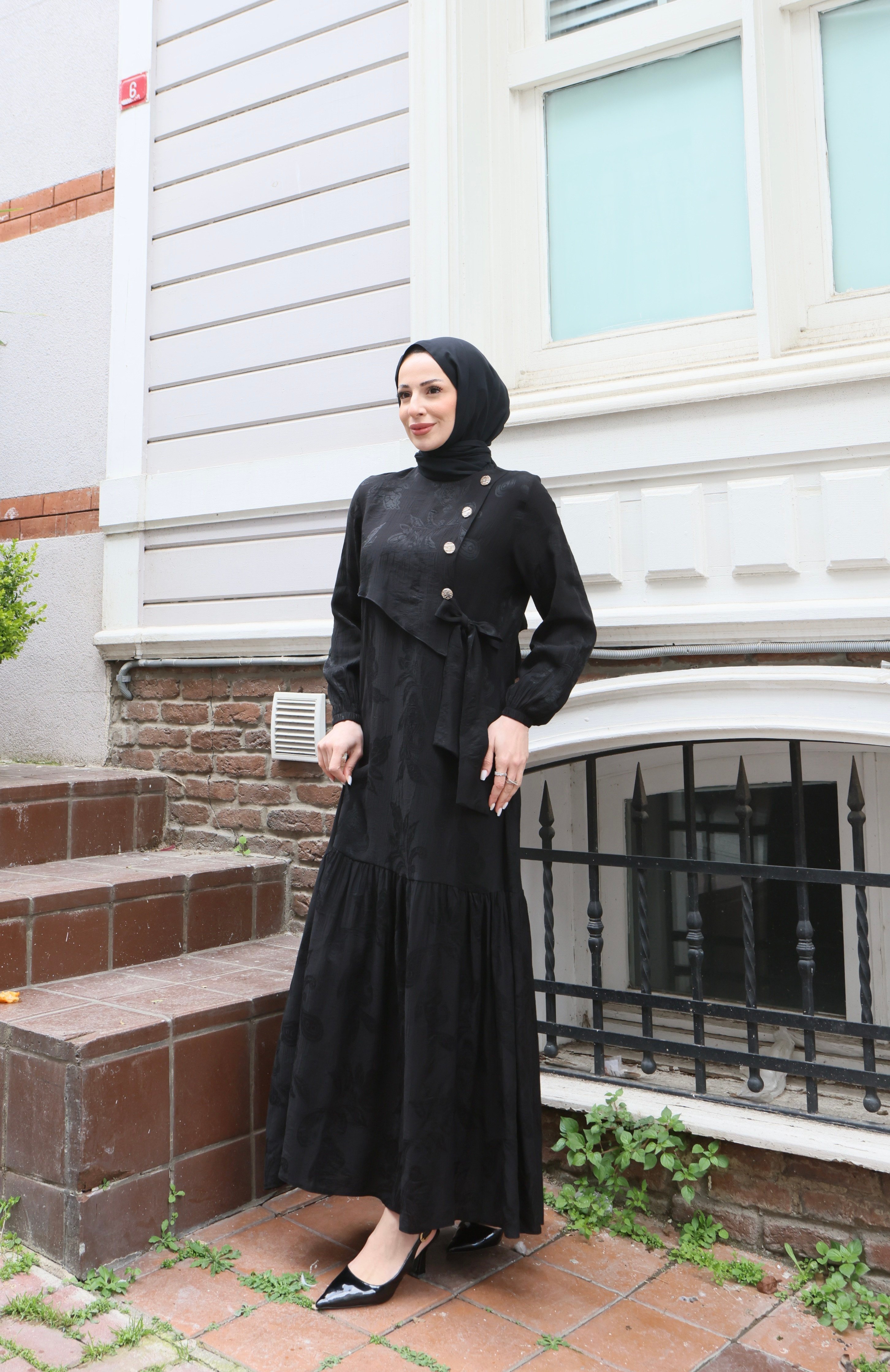 Yandan Bağlamalı Düğme Detaylı Elbise  Siyah HNT8566