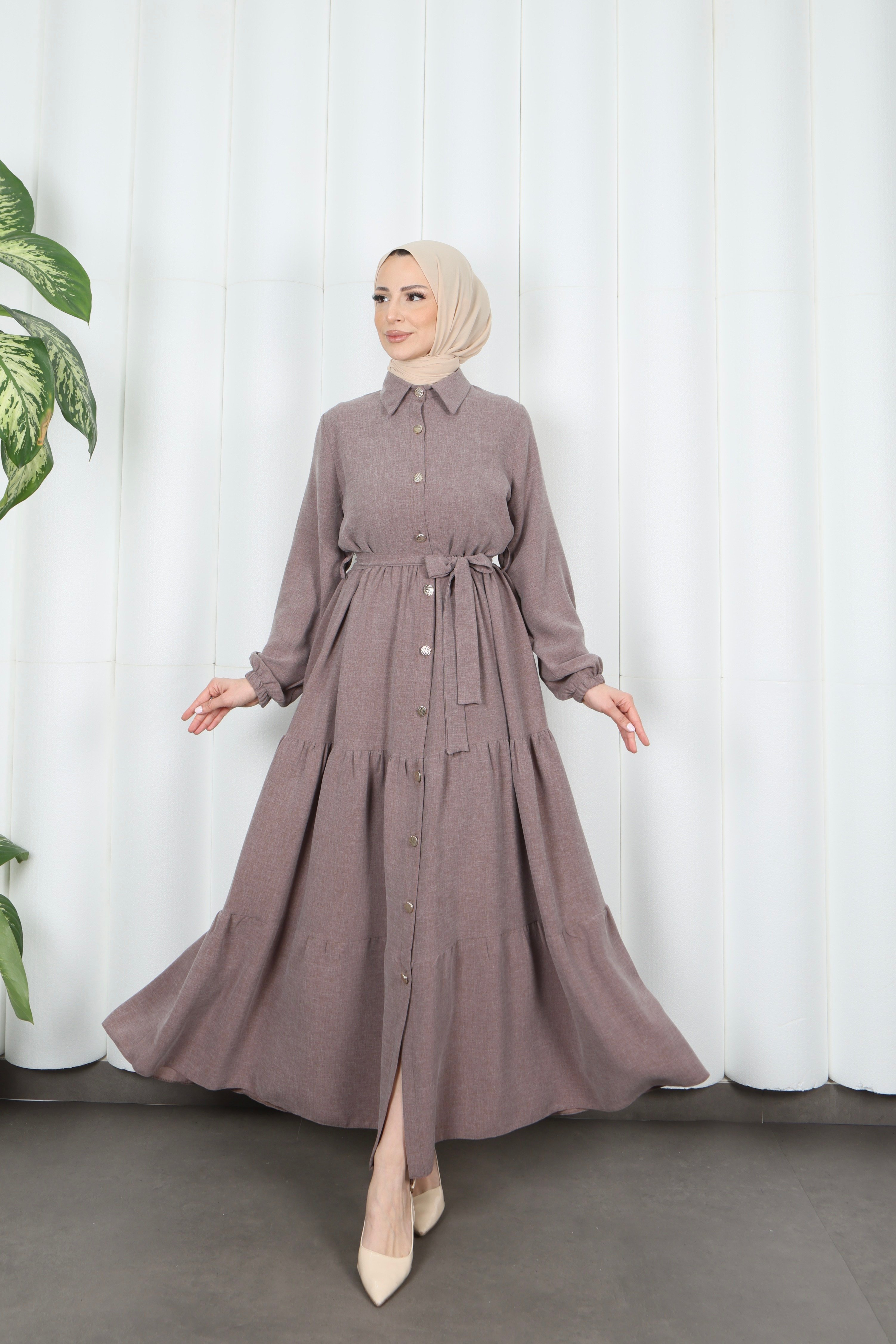 Boydan Düğmeli Kuşaklı Katlı Elbise Kahverengi HNT8593